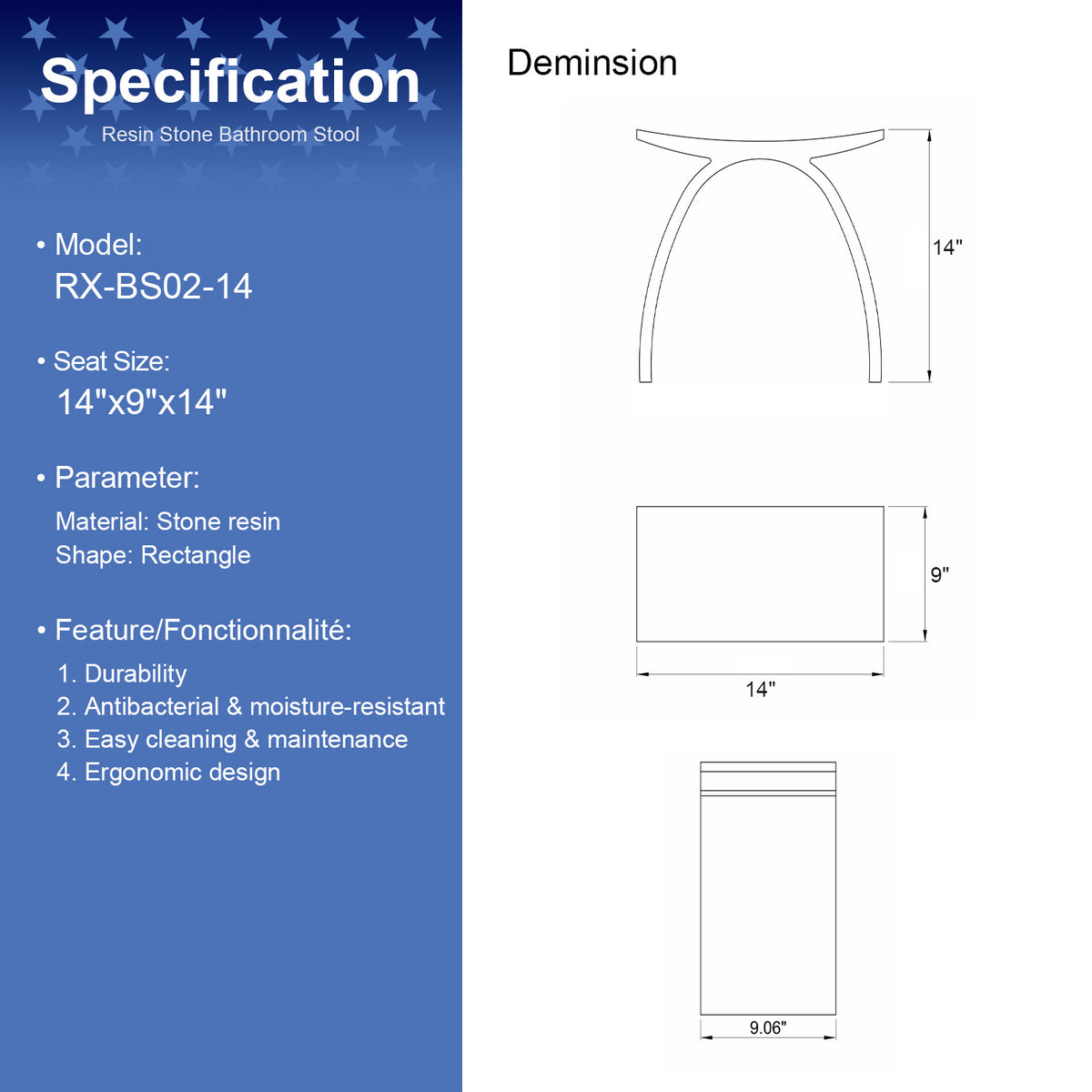 RAINLEX Freestanding Solid Surface Arched Bathroom Stool, Waterproof Non-Slip Shower Seat