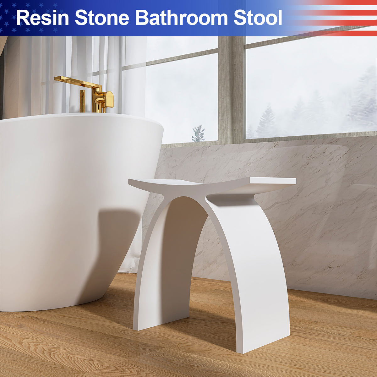RAINLEX Freestanding Solid Surface Arched Bathroom Stool, Waterproof Non-Slip Shower Seat