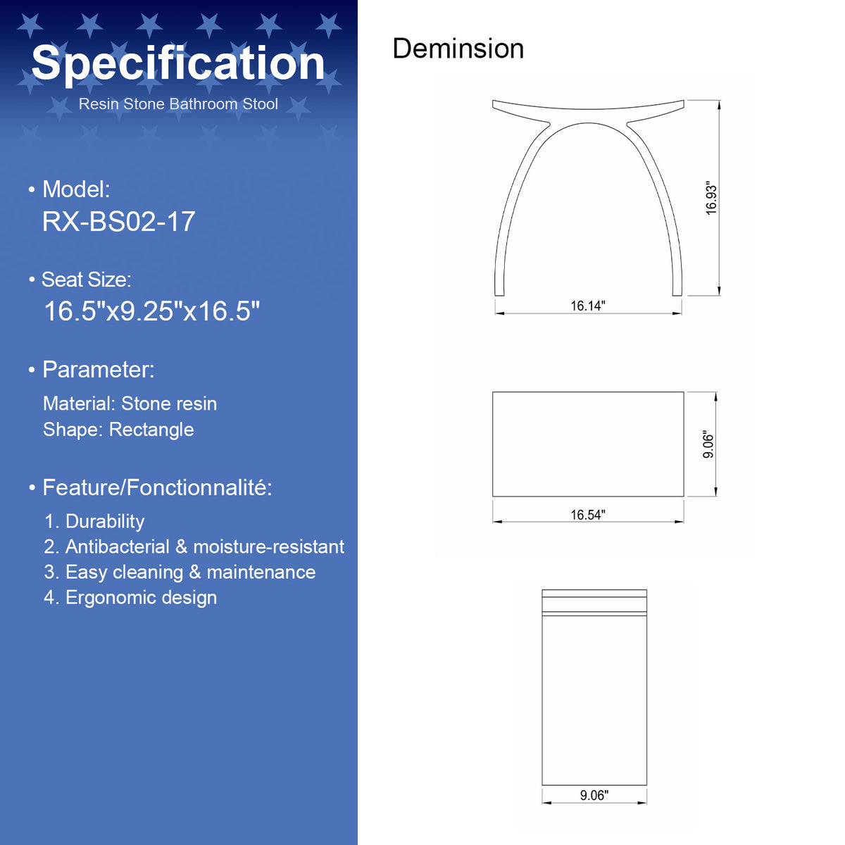 RAINLEX Freestanding Solid Surface Arched Bathroom Stool, Waterproof Non-Slip Shower Seat
