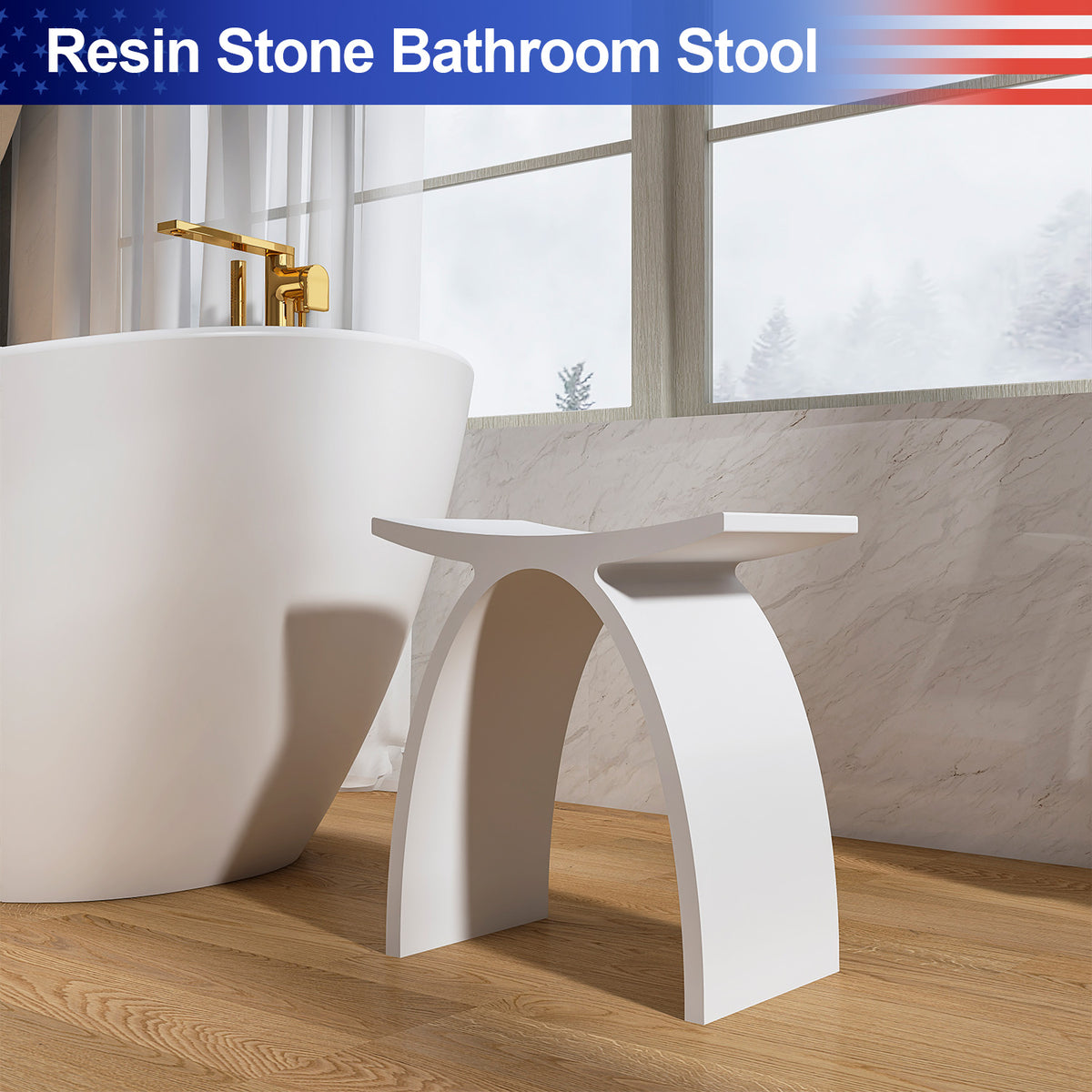 RAINLEX Freestanding Solid Surface Arched Bathroom Stool, Waterproof Non-Slip Shower Seat
