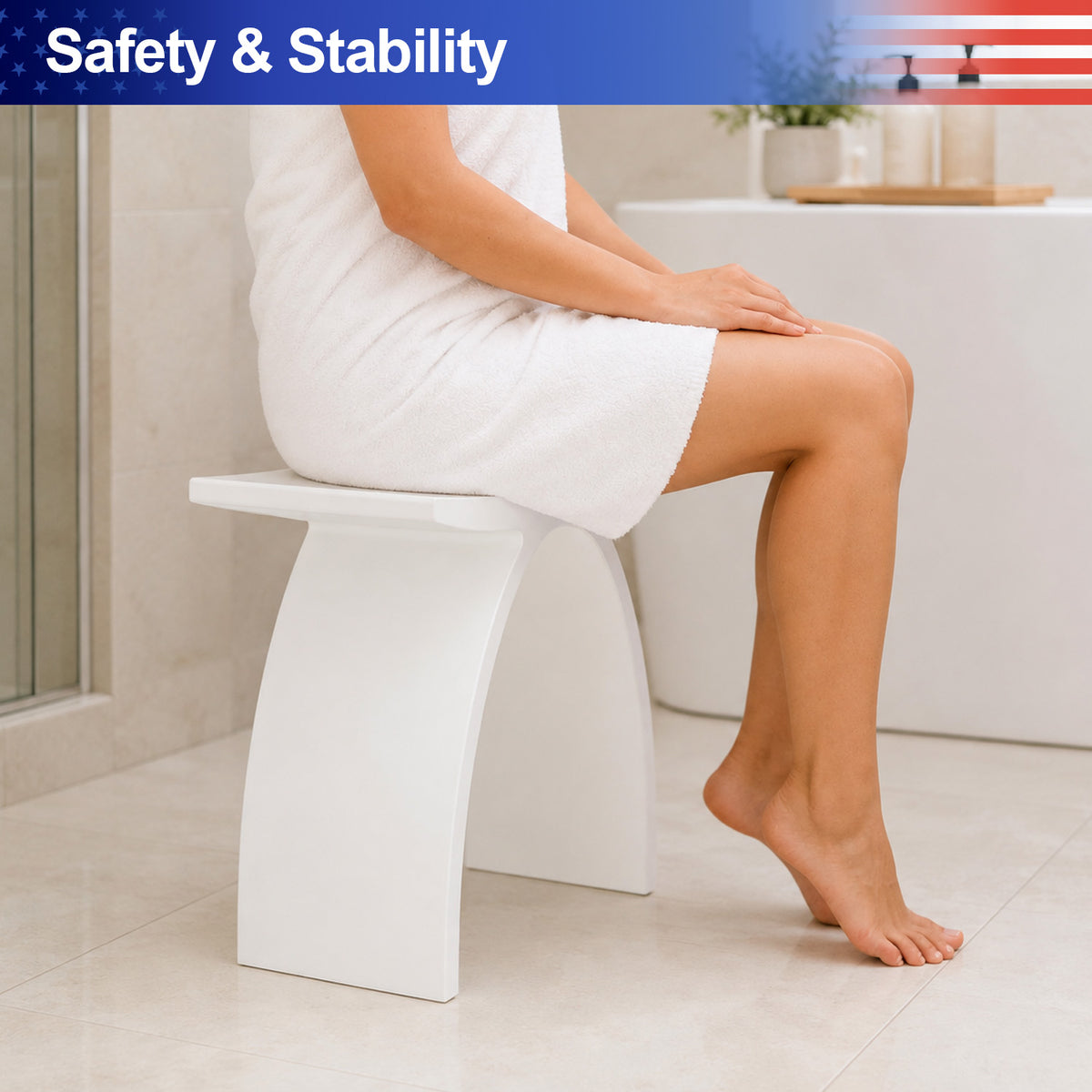 RAINLEX Freestanding Solid Surface Arched Bathroom Stool, Waterproof Non-Slip Shower Seat
