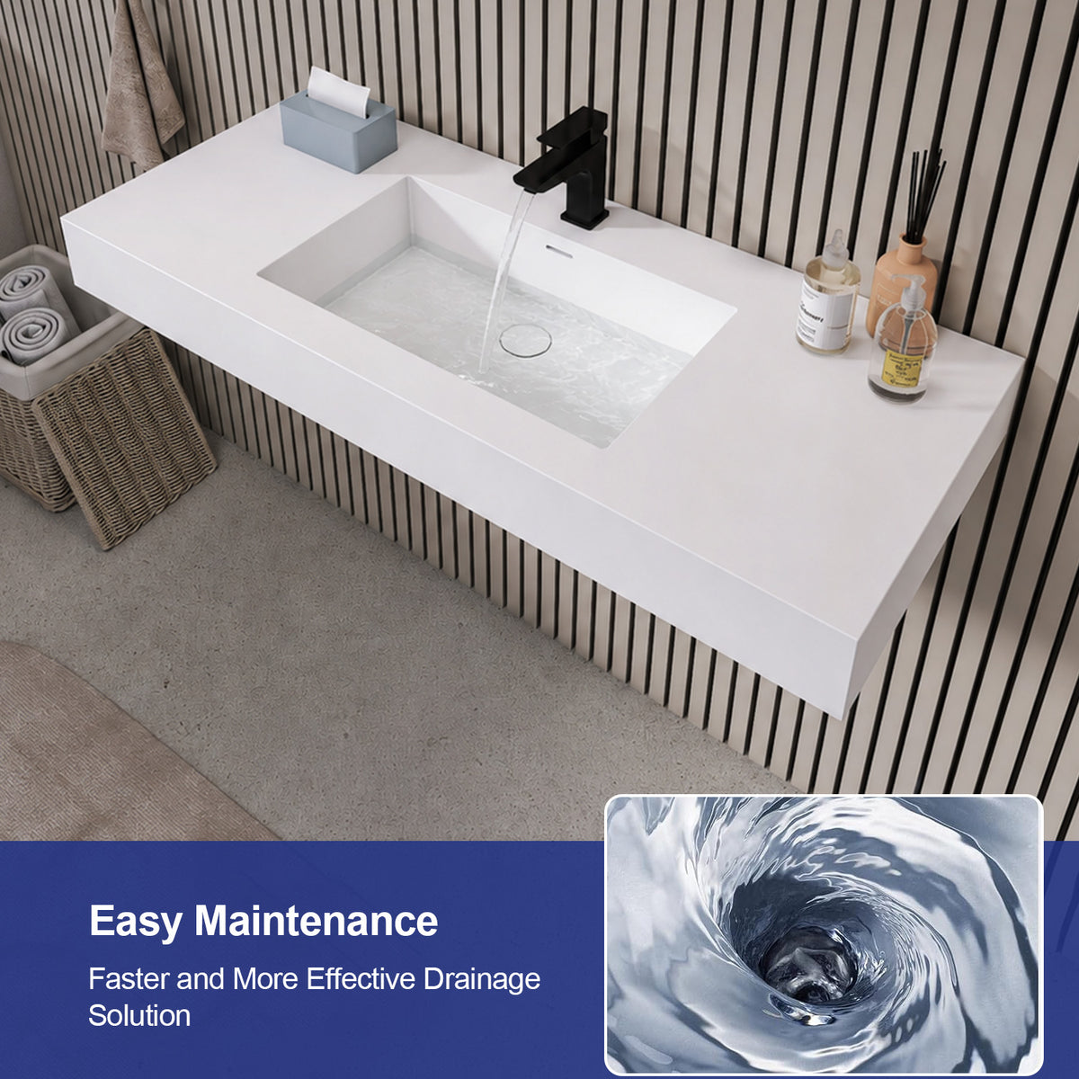 RAINLEX 47.2 in. Wall-Mounted Rectangular Stone Resin Bathroom Sink
