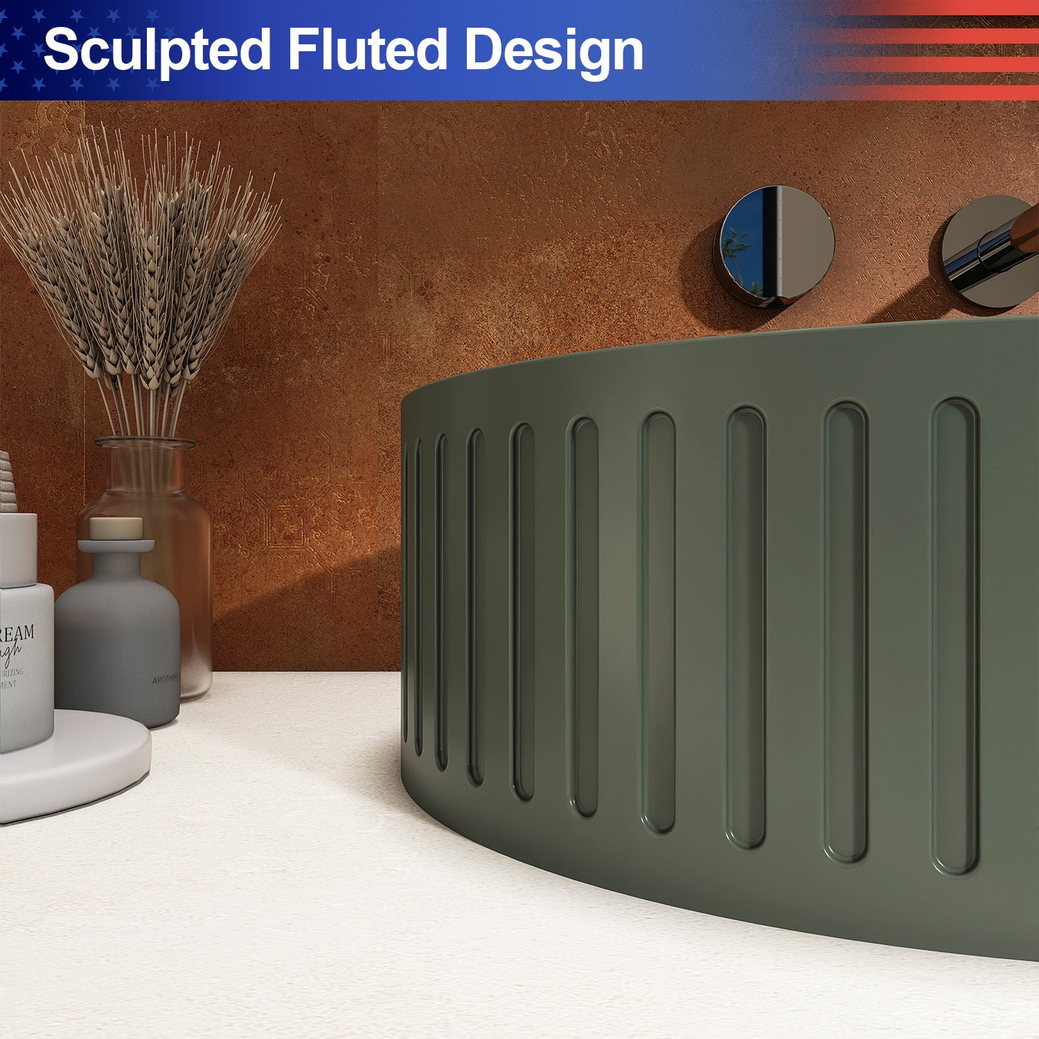 23.6 in. Oval Concrete Vessel Bathroom Sink, Modern Dark Green Countertop Wash Basin