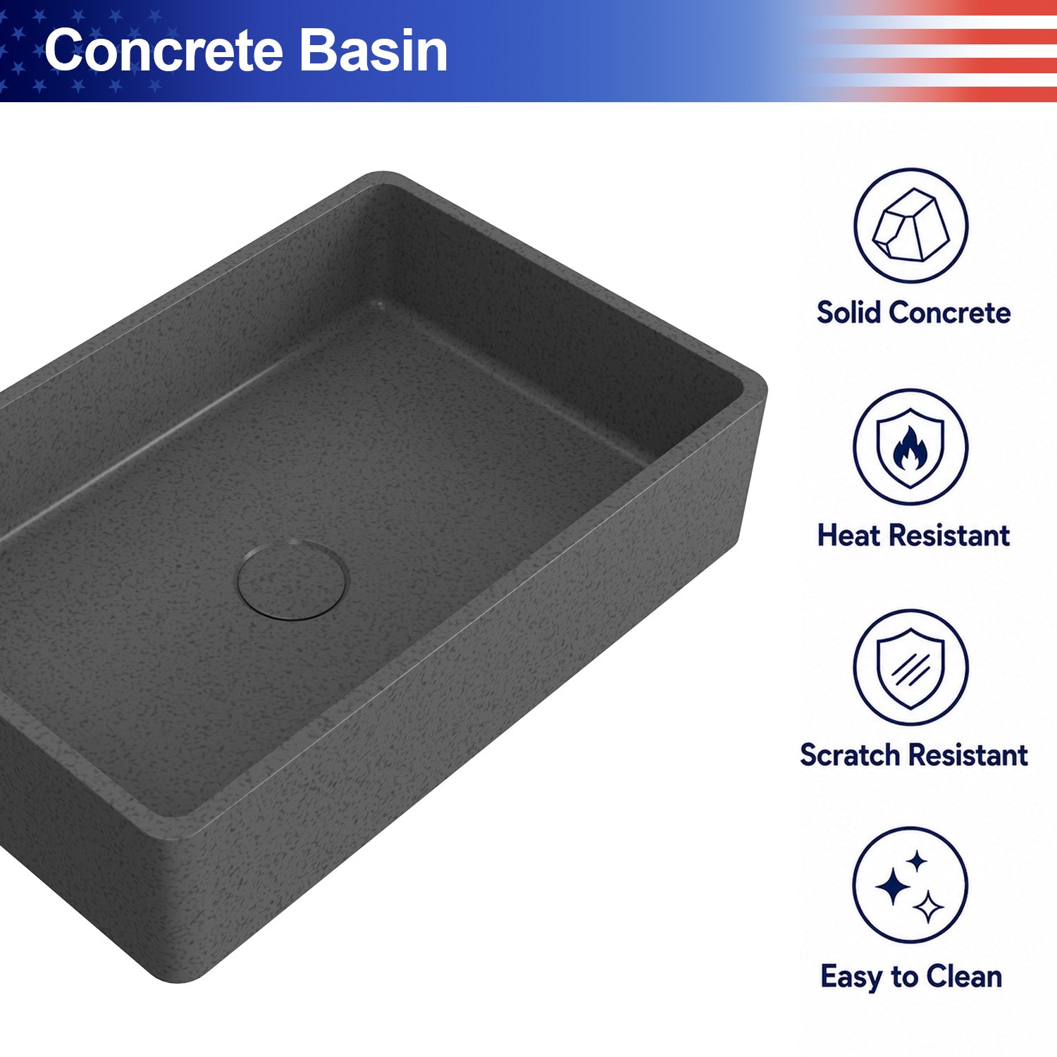 19.68 in. Rectangular Concrete Vessel Bathroom Sink, Modern Gray Wash Basin