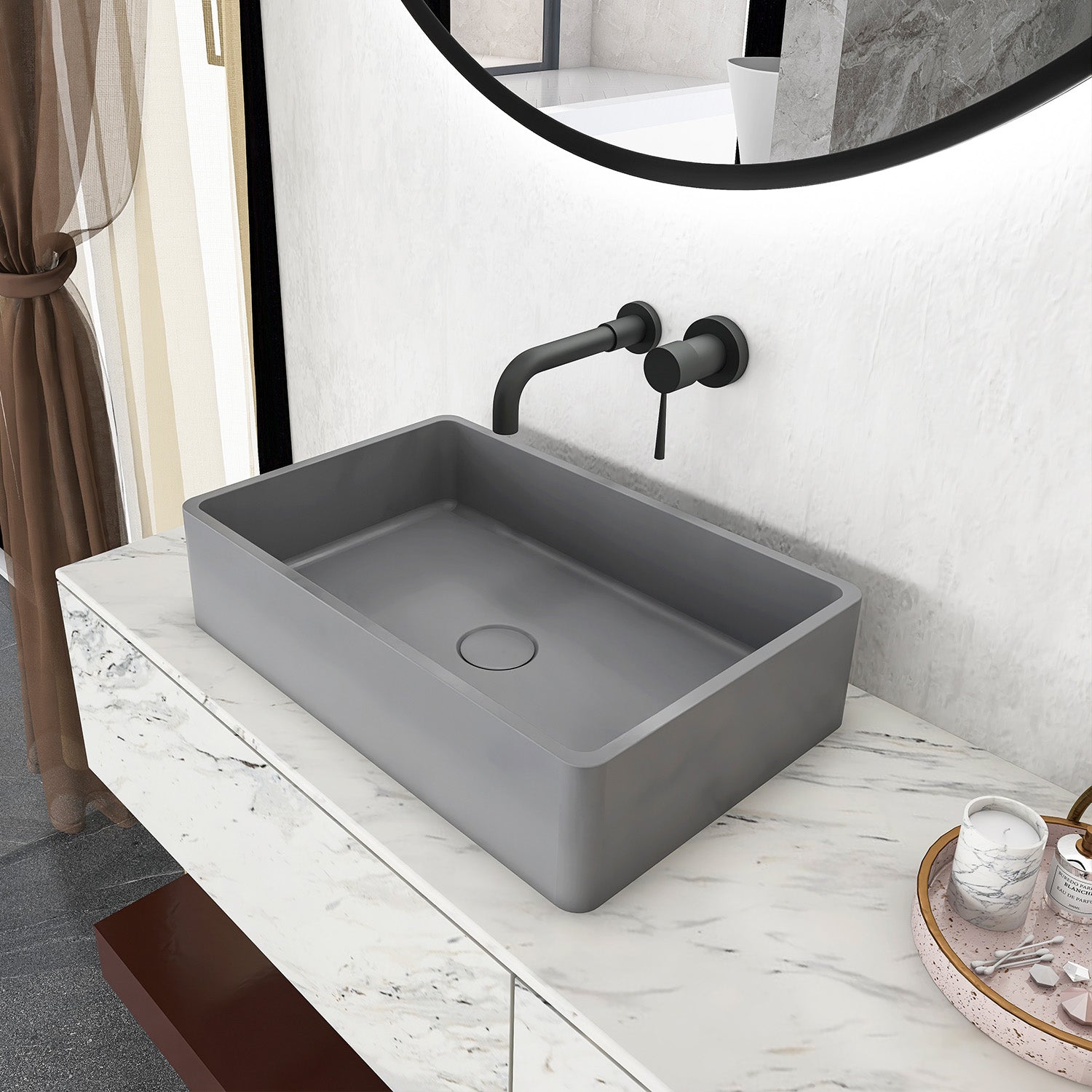 19.68 in. Rectangular Concrete Vessel Bathroom Sink, Modern Gray Wash Basin