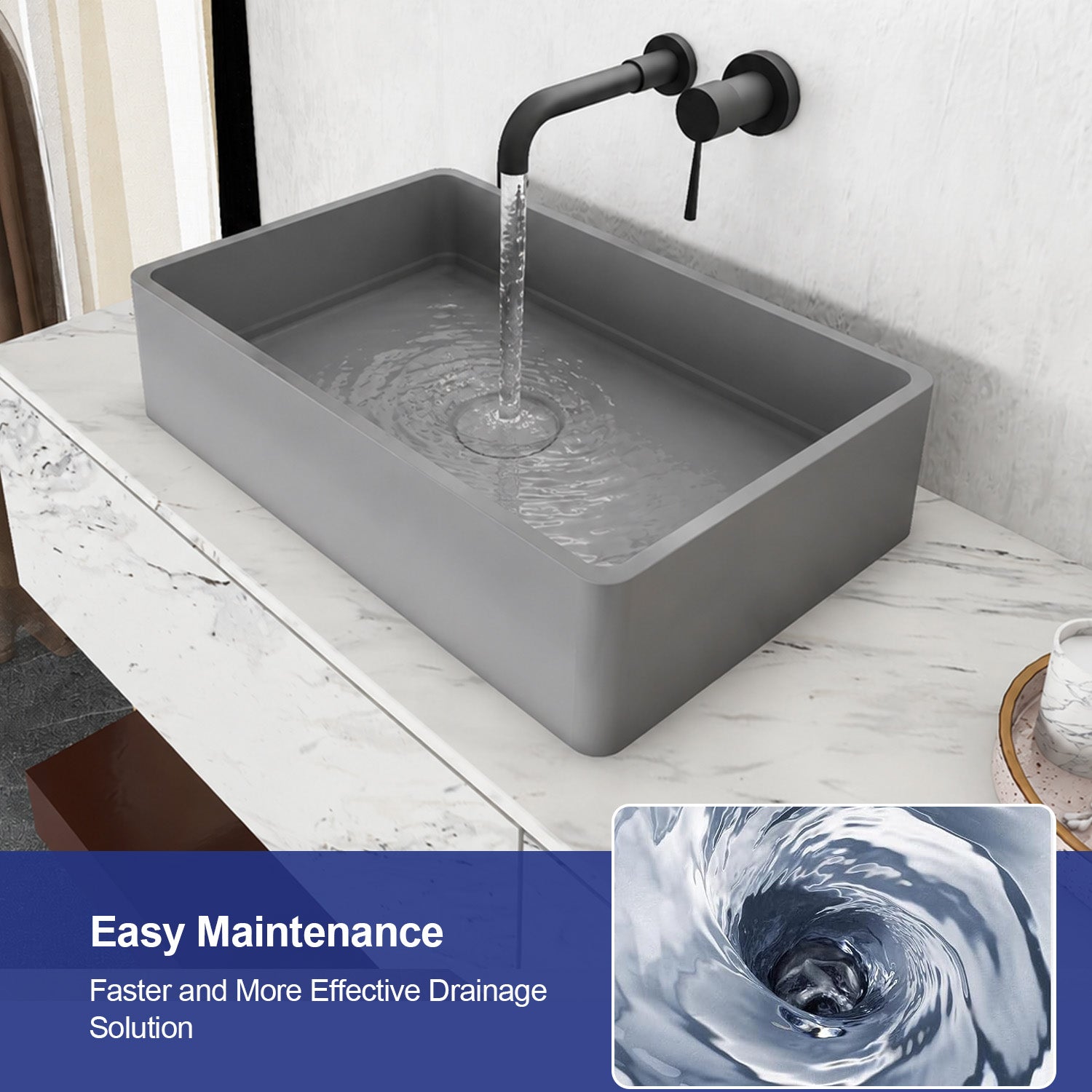 19.68 in. Rectangular Concrete Vessel Bathroom Sink, Modern Gray Wash Basin