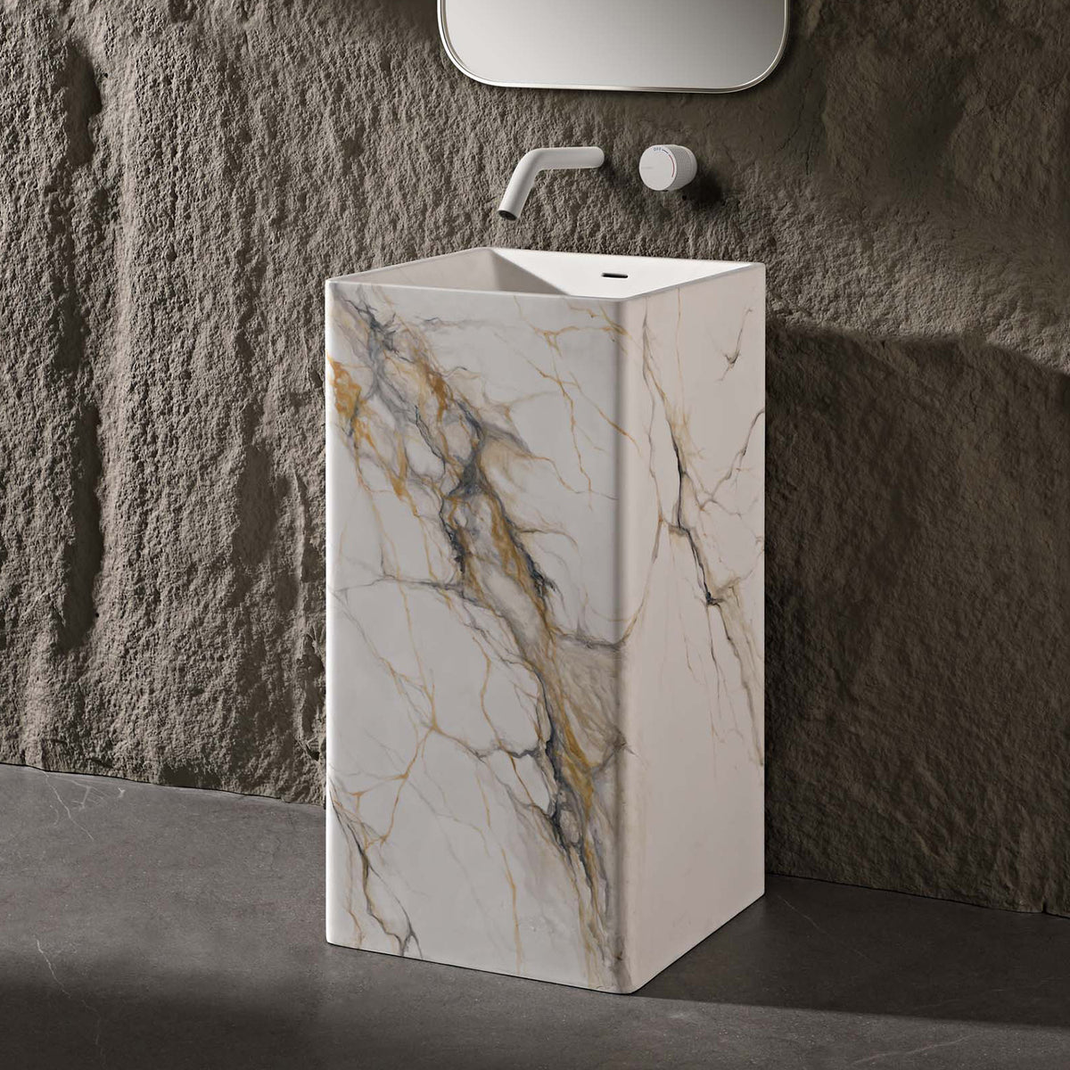 17.7 in. Solid Surface Freestanding Pedestal Bathroom Sink, Calacatta Gold