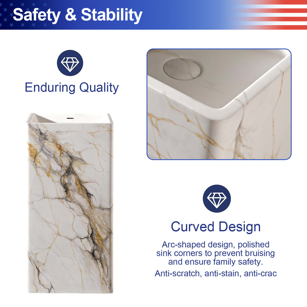 17.7 in. Solid Surface Freestanding Pedestal Bathroom Sink, Calacatta Gold