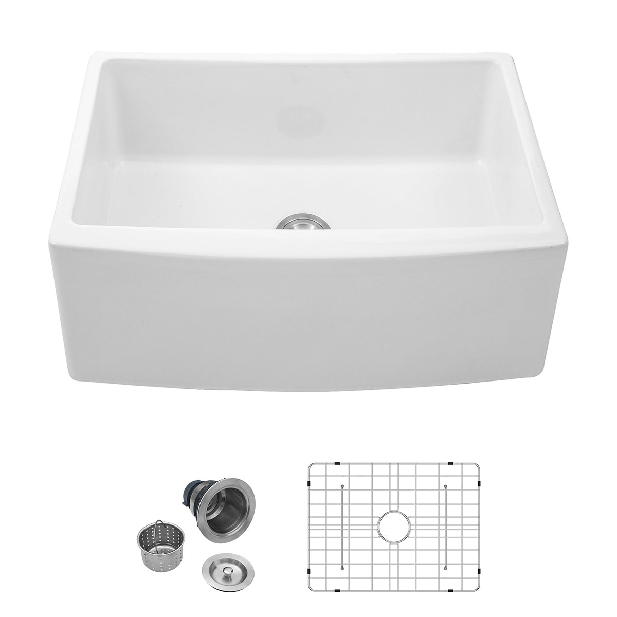 White Ceramic Farmhouse Kitchen Sink, 10 in. Deep Single Bowl Apron Front Sink with 304 Stainless Steel Grid