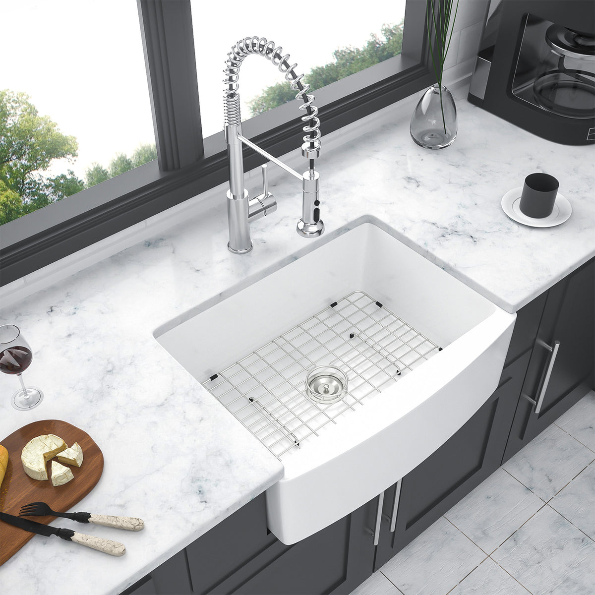 White Ceramic Farmhouse Kitchen Sink, 10 in. Deep Single Bowl Apron Front Sink with 304 Stainless Steel Grid