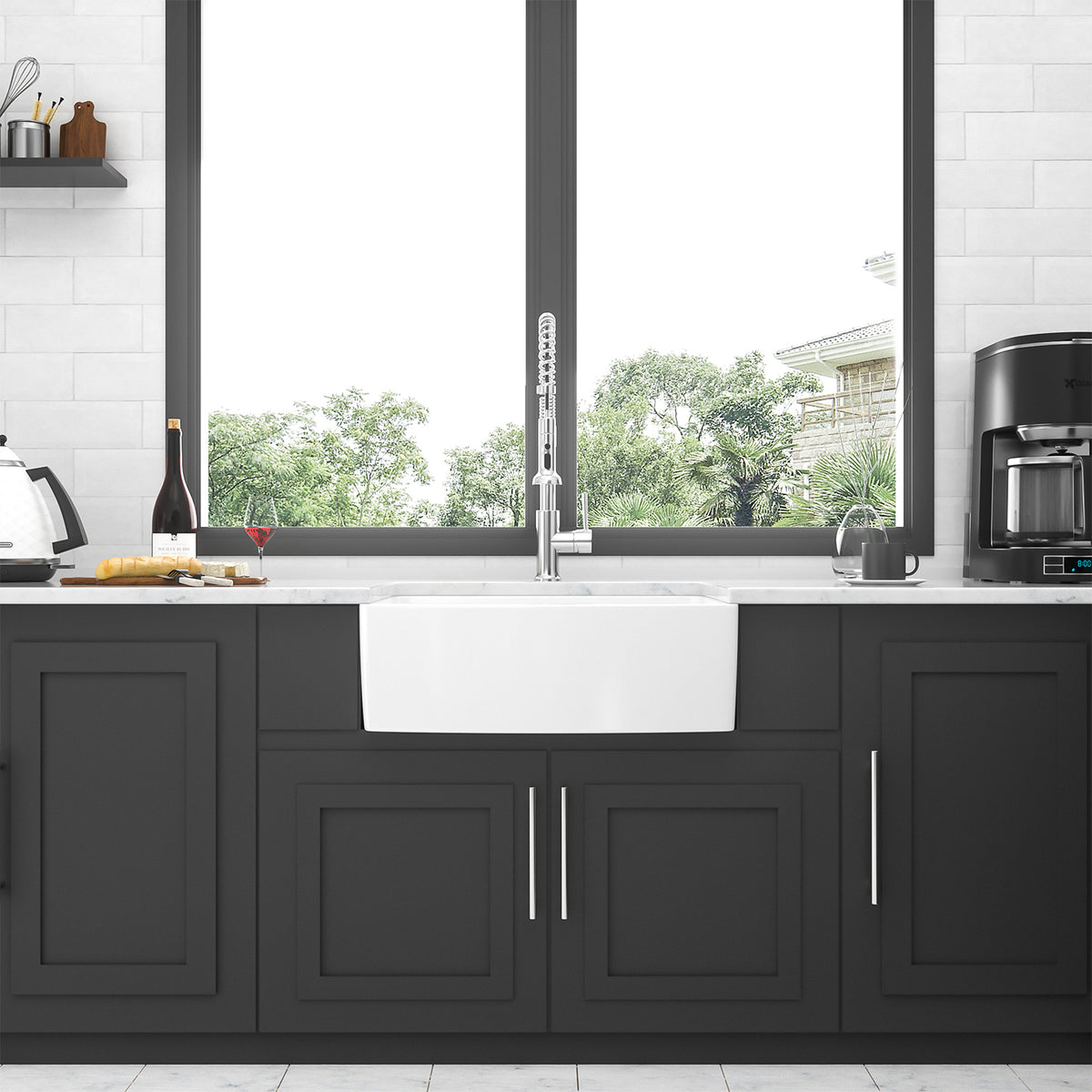 White Ceramic Farmhouse Kitchen Sink, 10 in. Deep Single Bowl Apron Front Sink with 304 Stainless Steel Grid