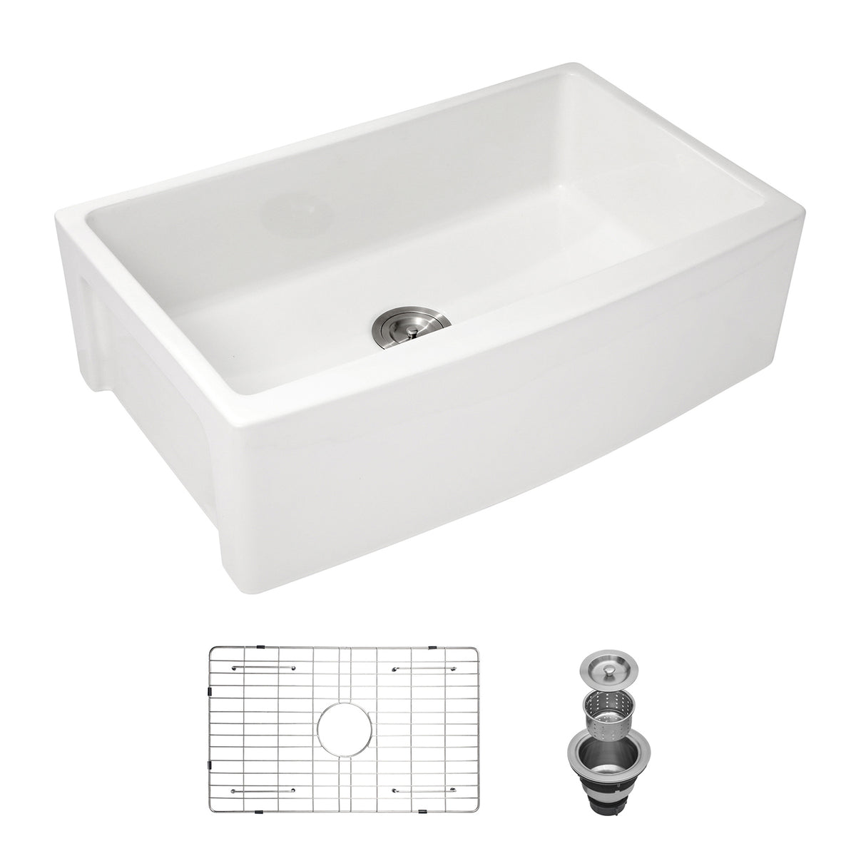 White Ceramic Farmhouse Kitchen Sink, 10 in. Deep Single Bowl Apron Front Sink with 304 Stainless Steel Grid