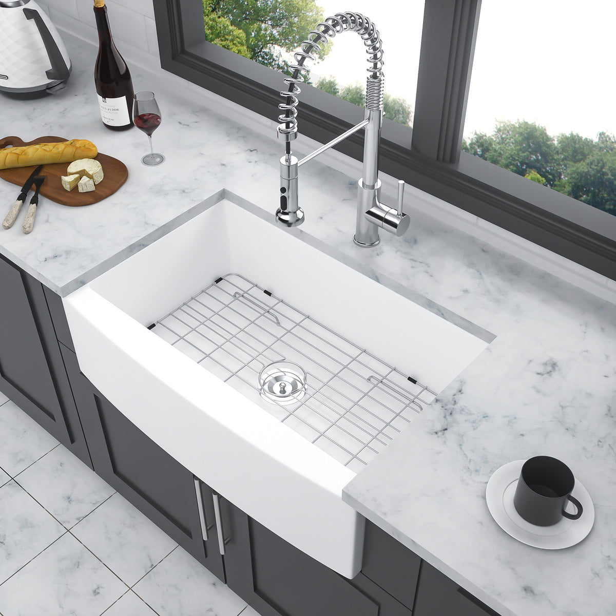 White Ceramic Farmhouse Kitchen Sink, 10 in. Deep Single Bowl Apron Front Sink with 304 Stainless Steel Grid