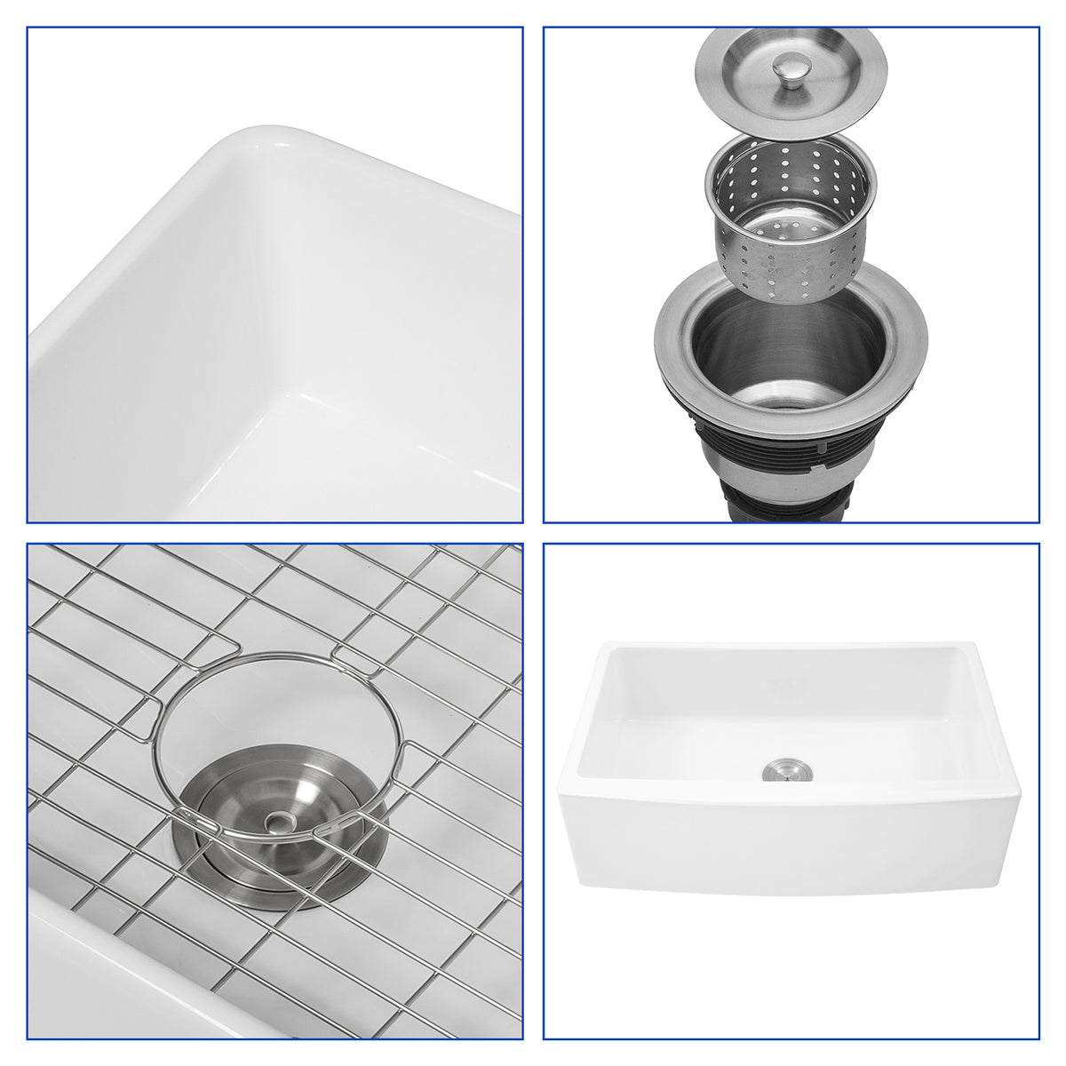 White Ceramic Farmhouse Kitchen Sink, 10 in. Deep Single Bowl Apron Front Sink with 304 Stainless Steel Grid
