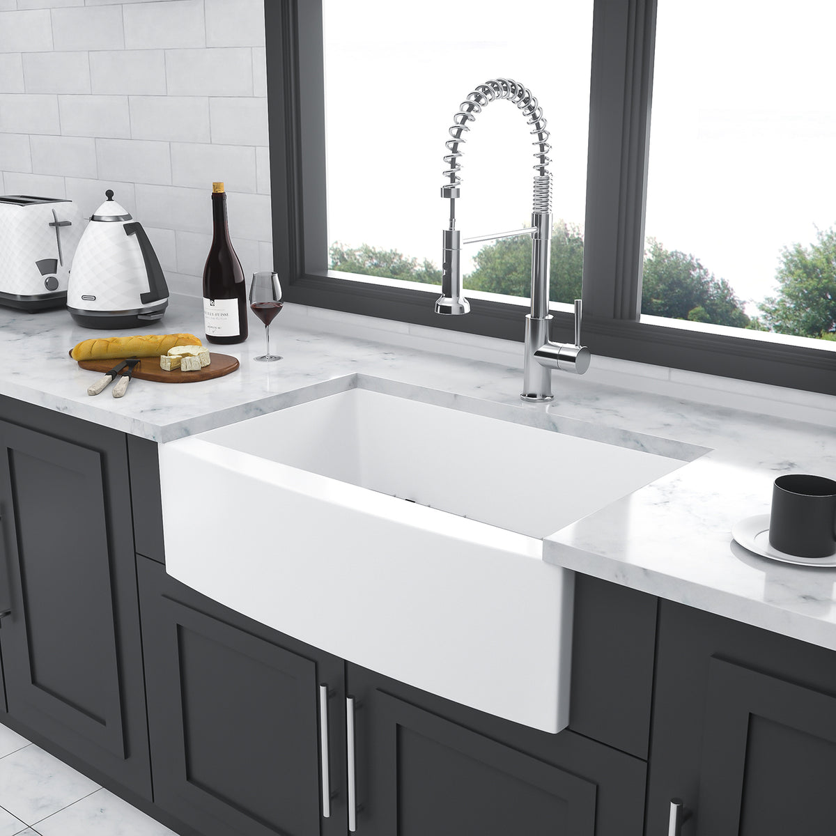 White Ceramic Farmhouse Kitchen Sink, 10 in. Deep Single Bowl Apron Front Sink with 304 Stainless Steel Grid