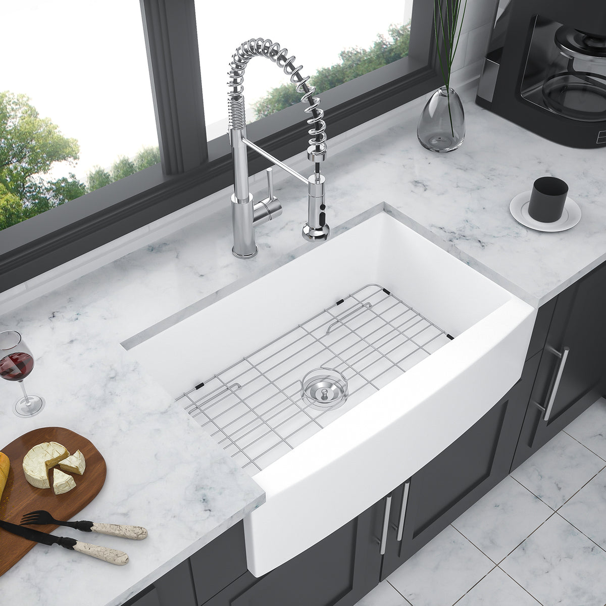 White Ceramic Farmhouse Kitchen Sink, 10 in. Deep Single Bowl Apron Front Sink with 304 Stainless Steel Grid