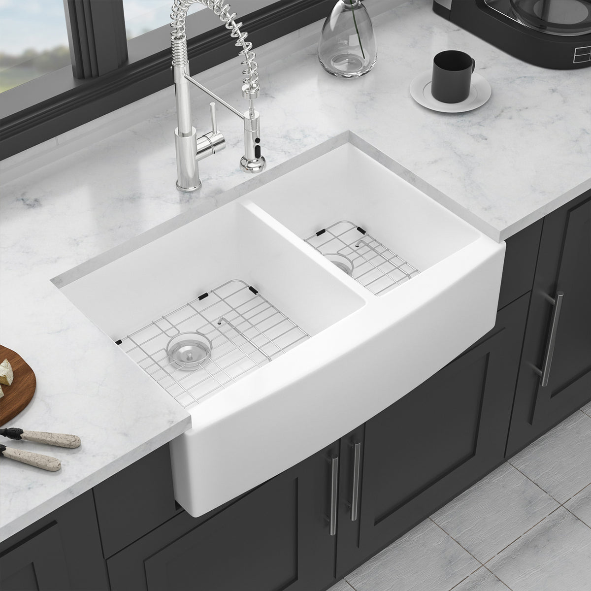 33 in. x 21 in. White Ceramic Farmhouse Kitchen Sink, 60/40 Double Bowl Apron Front Sink with 304 Stainless Steel Grids