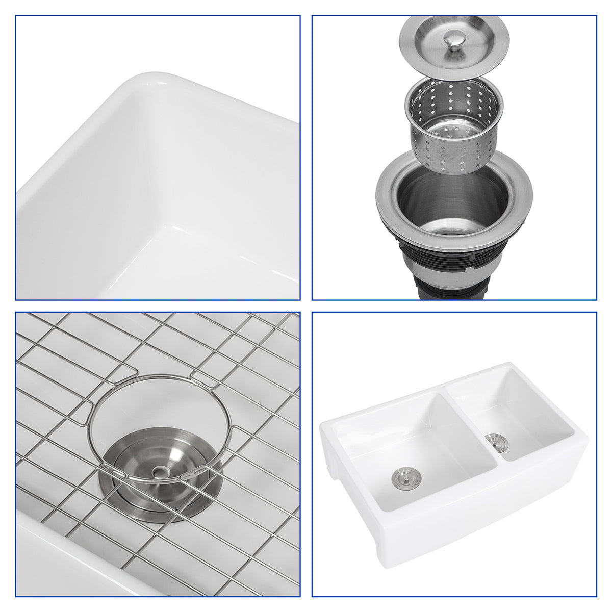 33 in. x 21 in. White Ceramic Farmhouse Kitchen Sink, 60/40 Double Bowl Apron Front Sink with 304 Stainless Steel Grids