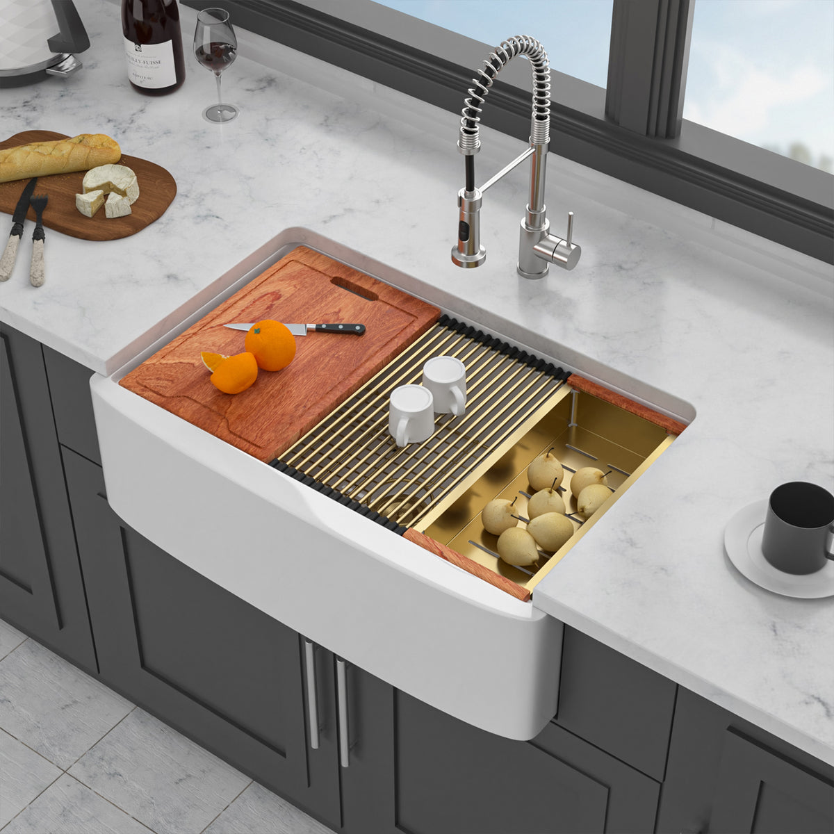 33 in. x 21 in. White Porcelain Ceramic Workstation Farmhouse Kitchen Sink, 10 in. Deep Single Bowl Curved Apron Front Sink with Cutting Board & Gold Accessories