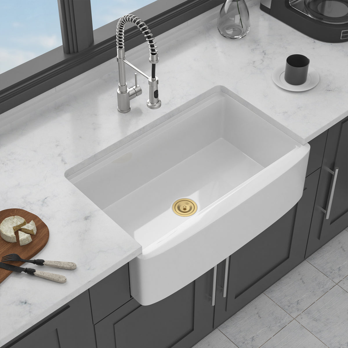 33 in. x 21 in. White Porcelain Ceramic Workstation Farmhouse Kitchen Sink, 10 in. Deep Single Bowl Curved Apron Front Sink with Cutting Board & Gold Accessories