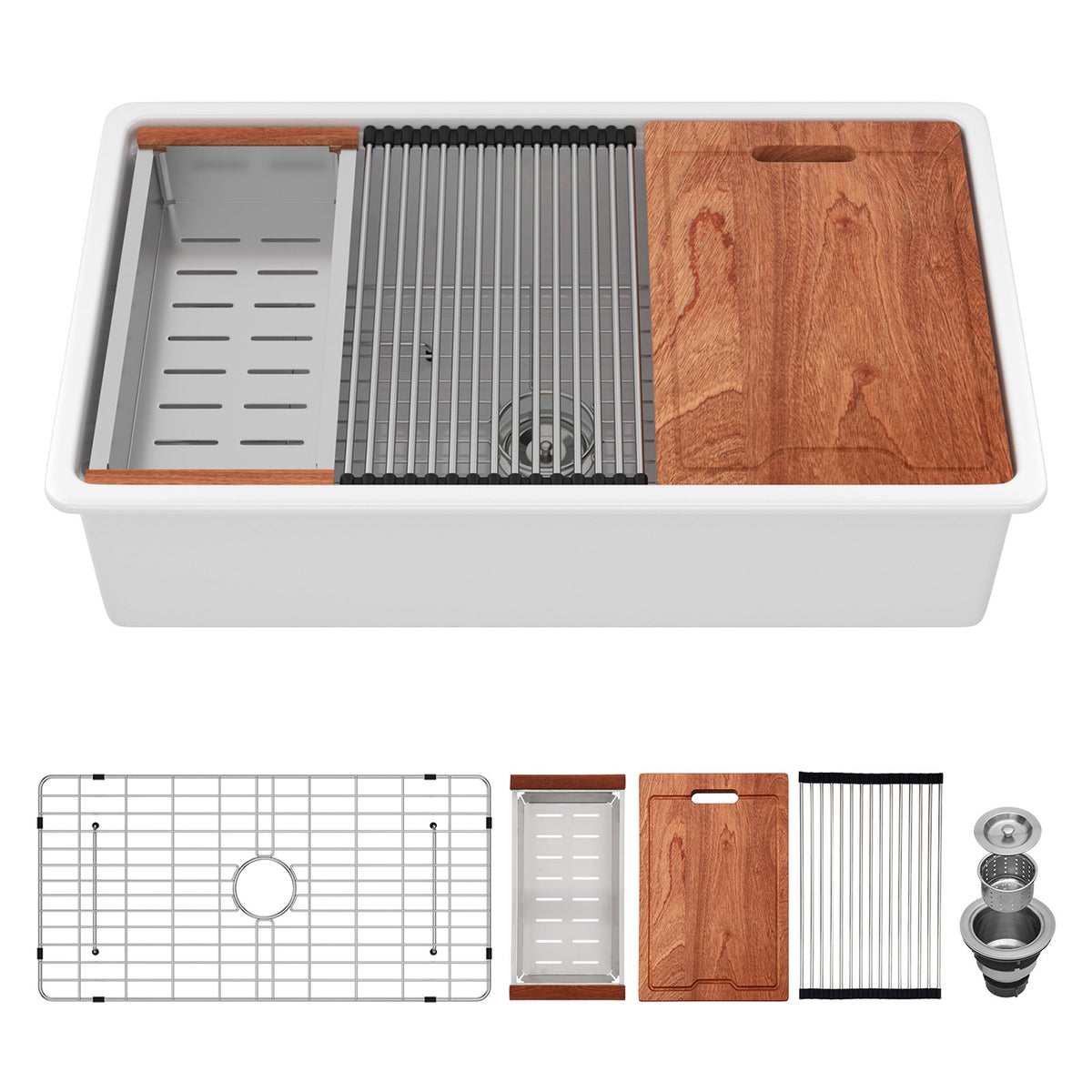 33 in. x 19 in. White Porcelain Ceramic Workstation Kitchen Sink, 10 in. Deep Single Bowl Dual-Mount Undermount & Drop-In Sink with Cutting Board