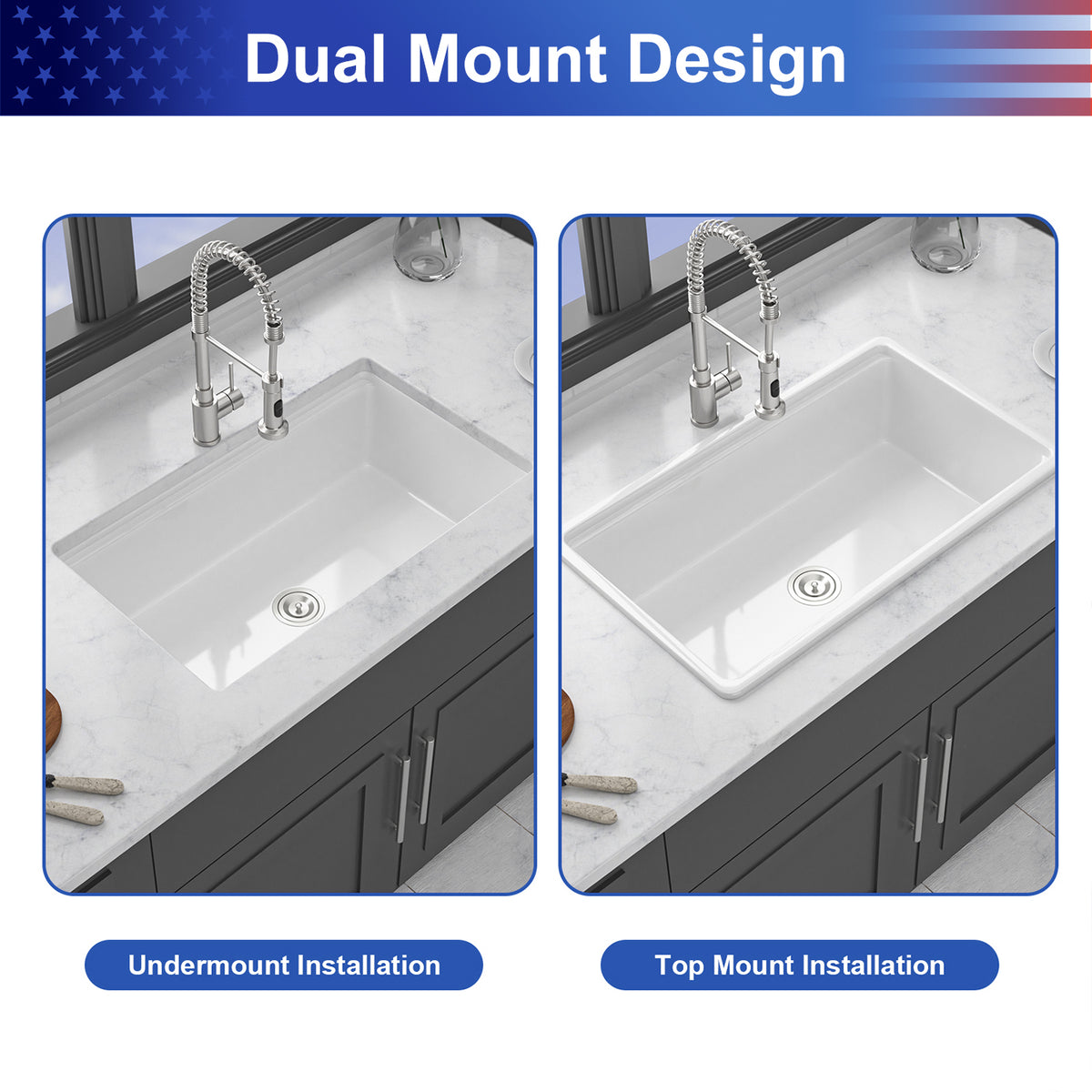 33 in. x 19 in. White Porcelain Ceramic Workstation Kitchen Sink, 10 in. Deep Single Bowl Dual-Mount Undermount & Drop-In Sink with Cutting Board