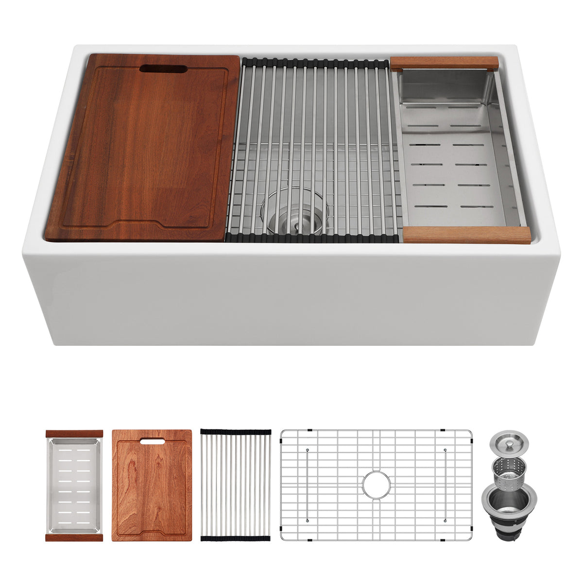 30 in. x 20 in. White Porcelain Ceramic Workstation Farmhouse Kitchen Sink, 10 in. Deep Single Bowl Apron Front Sink with Cutting Board & Colander