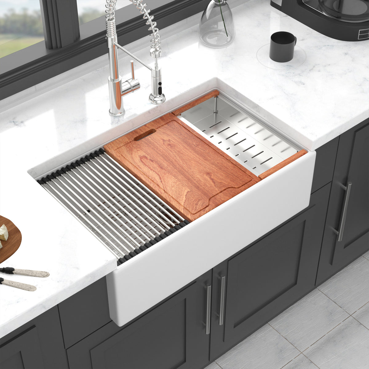 30 in. x 20 in. White Porcelain Ceramic Workstation Farmhouse Kitchen Sink, 10 in. Deep Single Bowl Apron Front Sink with Cutting Board & Colander