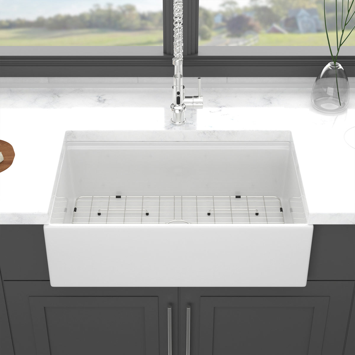 30 in. x 20 in. White Porcelain Ceramic Workstation Farmhouse Kitchen Sink, 10 in. Deep Single Bowl Apron Front Sink with Cutting Board & Colander