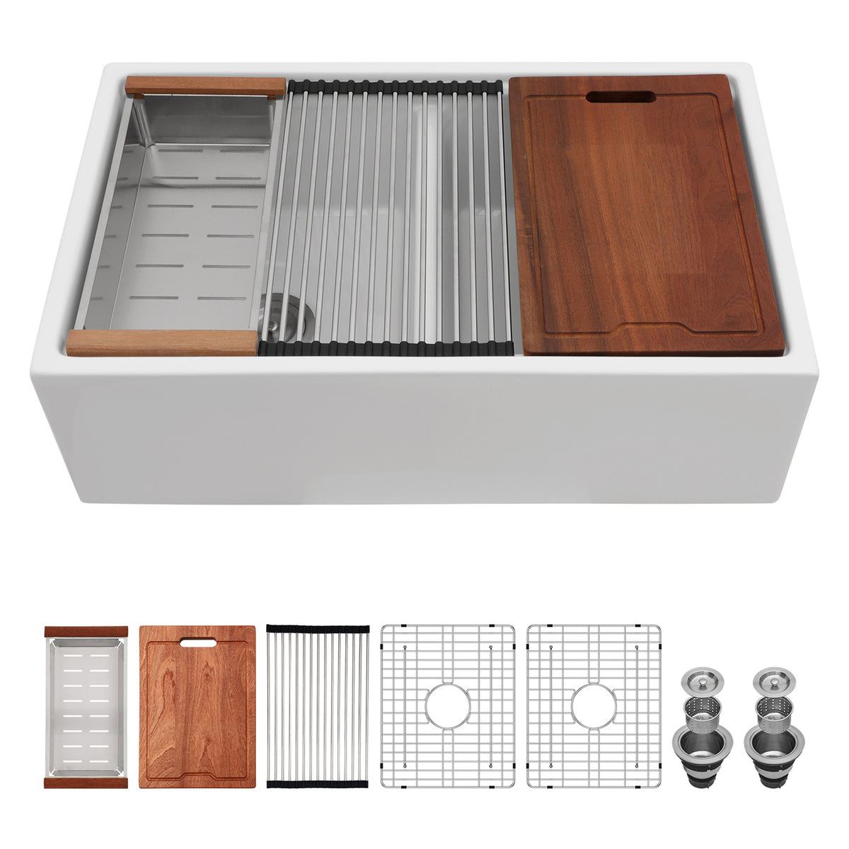 33 in. x 20 in. White Porcelain Ceramic Workstation Farmhouse Kitchen Sink, 10 in. Deep Equal Double Bowl Apron Front Sink with Cutting Board
