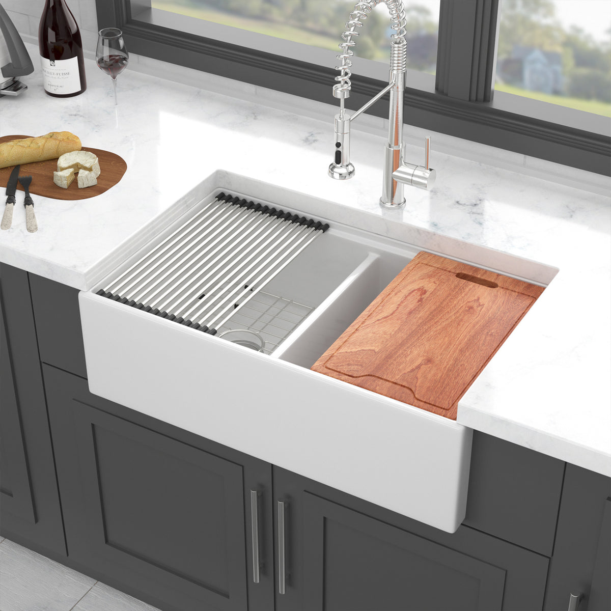 33 in. x 20 in. White Porcelain Ceramic Workstation Farmhouse Kitchen Sink, 10 in. Deep Equal Double Bowl Apron Front Sink with Cutting Board