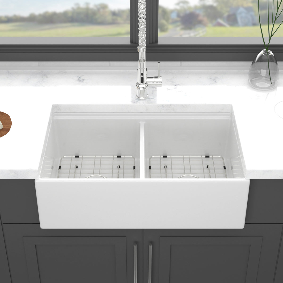 33 in. x 20 in. White Porcelain Ceramic Workstation Farmhouse Kitchen Sink, 10 in. Deep Equal Double Bowl Apron Front Sink with Cutting Board