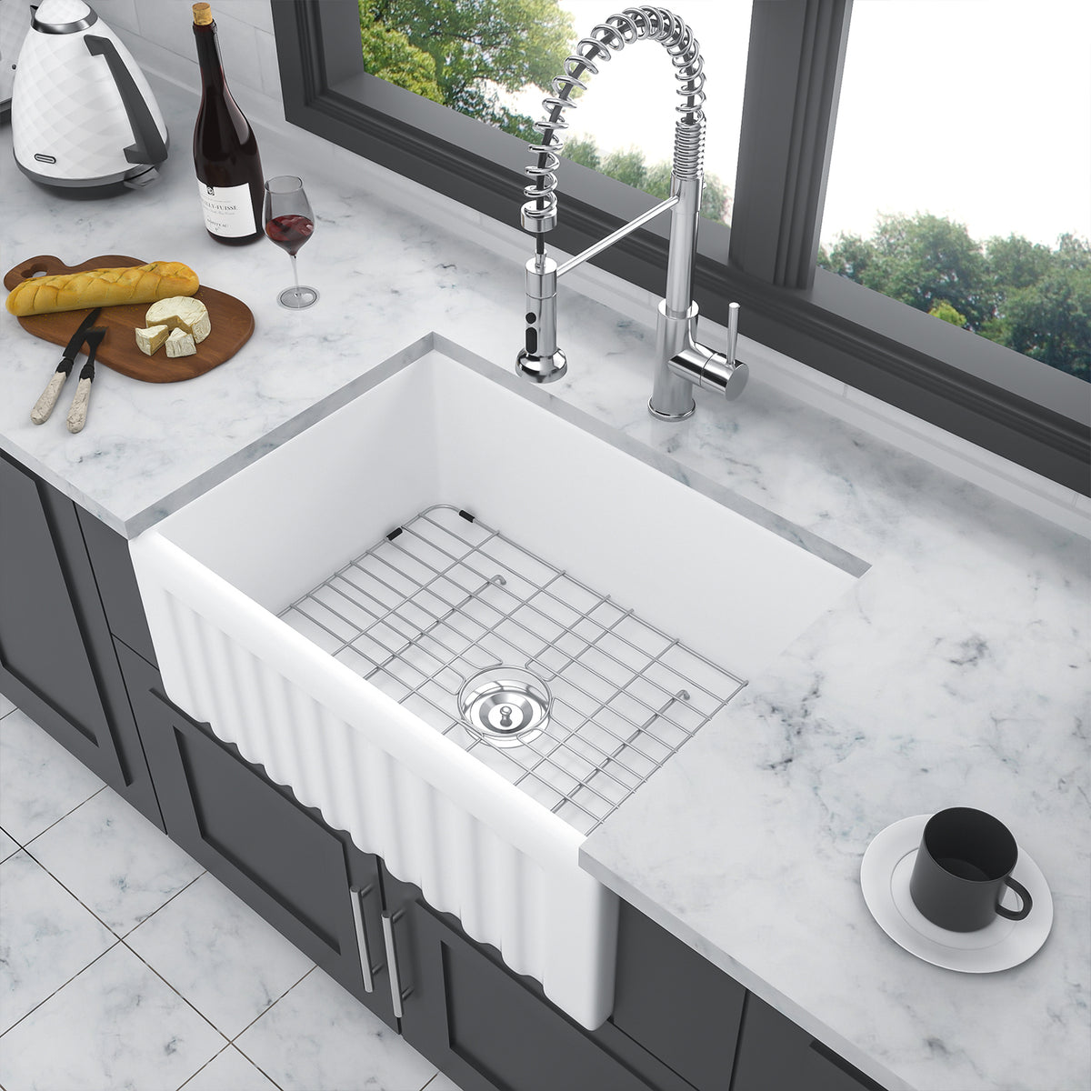 24 in. x 18 in. White Ceramic Reversible Farmhouse Kitchen Sink, 10 in. Deep Single Bowl Apron Front Utility & Laundry Sink