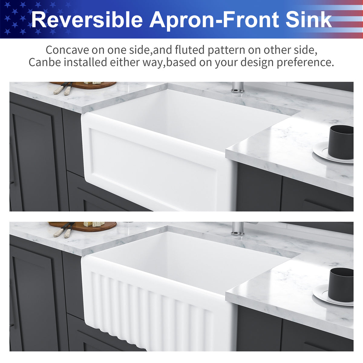 24 in. x 18 in. White Ceramic Reversible Farmhouse Kitchen Sink, 10 in. Deep Single Bowl Apron Front Utility & Laundry Sink