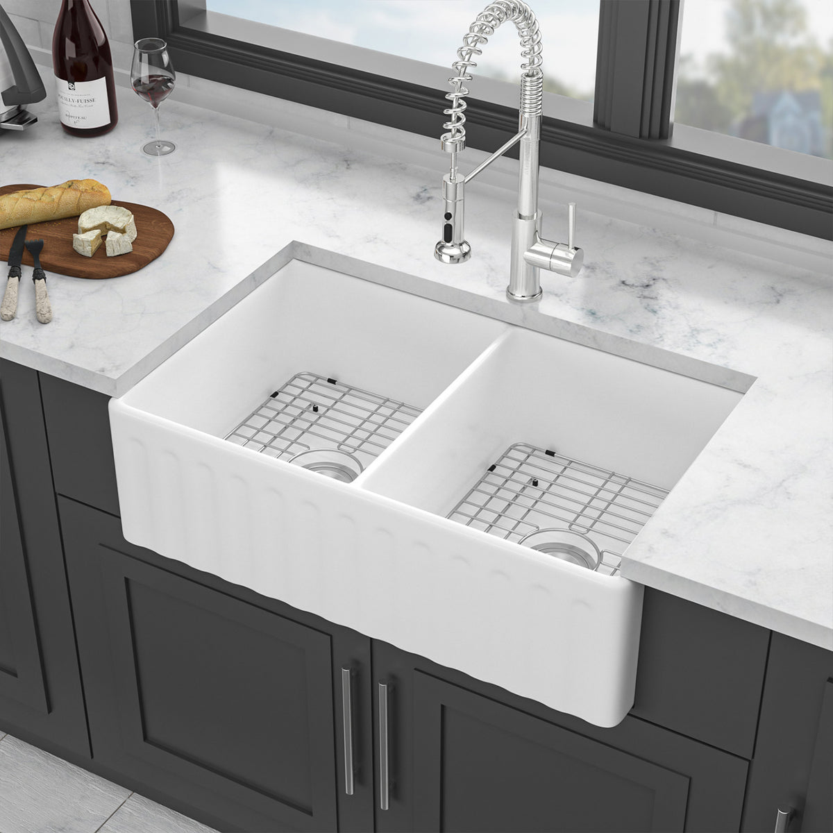 33 in. x 20 in. White Porcelain Ceramic Reversible Farmhouse Kitchen Sink, 10 in. Deep Double Bowl Farm Sink with 304 Stainless Steel Grids