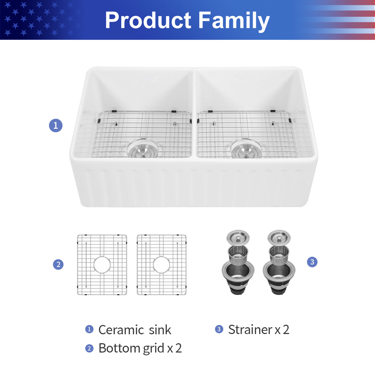 33 in. x 20 in. White Porcelain Ceramic Reversible Farmhouse Kitchen Sink, 10 in. Deep Double Bowl Farm Sink with 304 Stainless Steel Grids