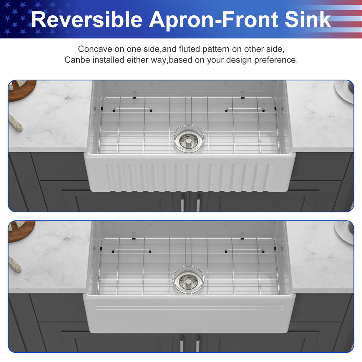 30 in. x 18 in. White Porcelain Ceramic Reversible Farmhouse Kitchen Sink, 10 in. Deep Single Bowl Apron Front Sink with 304 Stainless Steel Grid