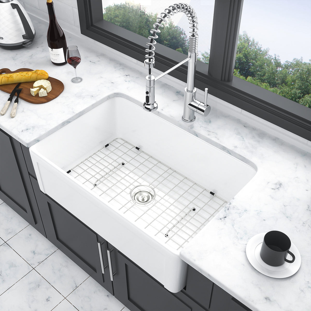 30 in. x 20 in. White Ceramic Porcelain Reversible Farmhouse Kitchen Sink, 10 in. Deep Single Bowl Apron Front Sink with 304 Stainless Steel Grid
