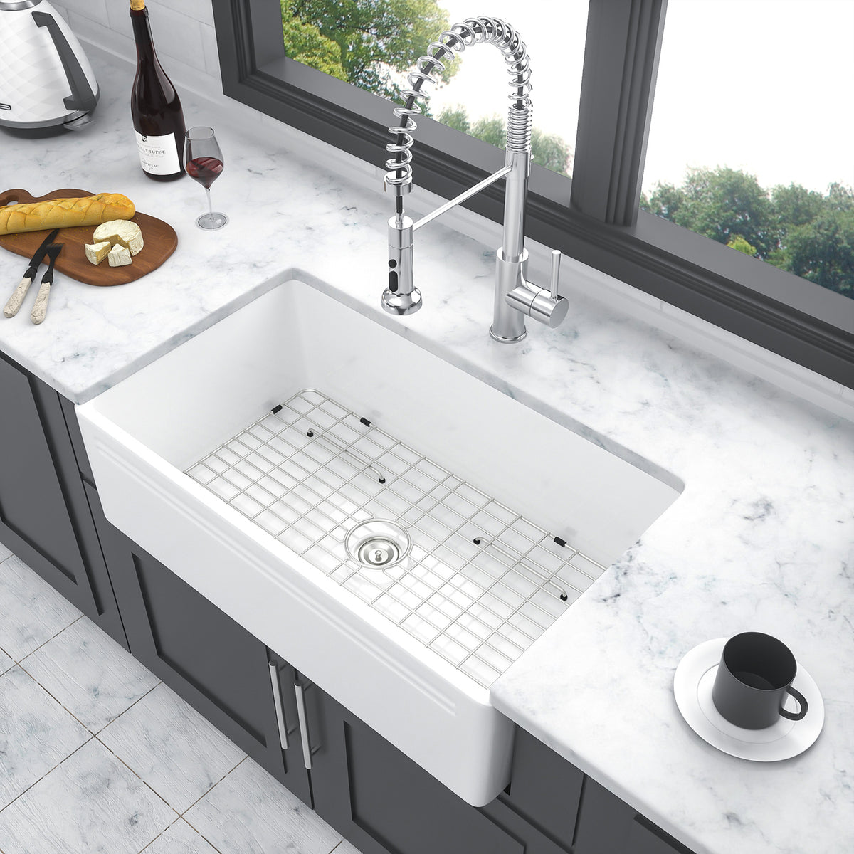 30 in. x 18 in. White Porcelain Ceramic Reversible Farmhouse Kitchen Sink, 10 in. Deep Single Bowl Apron Front Sink with 304 Stainless Steel Grid