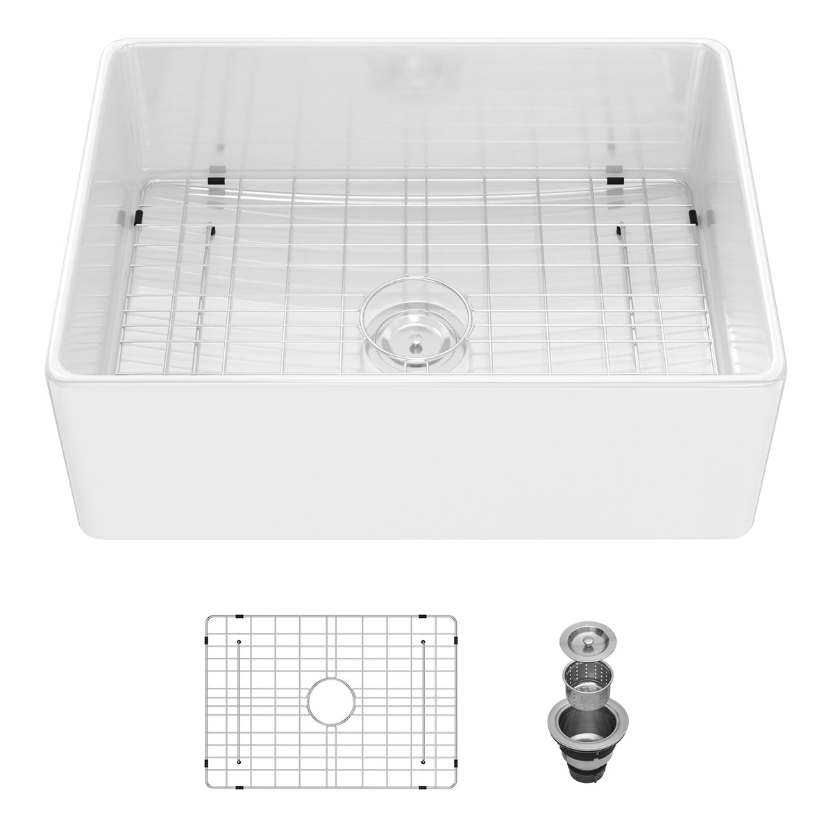 White Porcelain Ceramic Farmhouse Kitchen Sink, 10 in. Deep Single Bowl Apron Front Sink with 304 Stainless Steel Grid & Basket Strainer