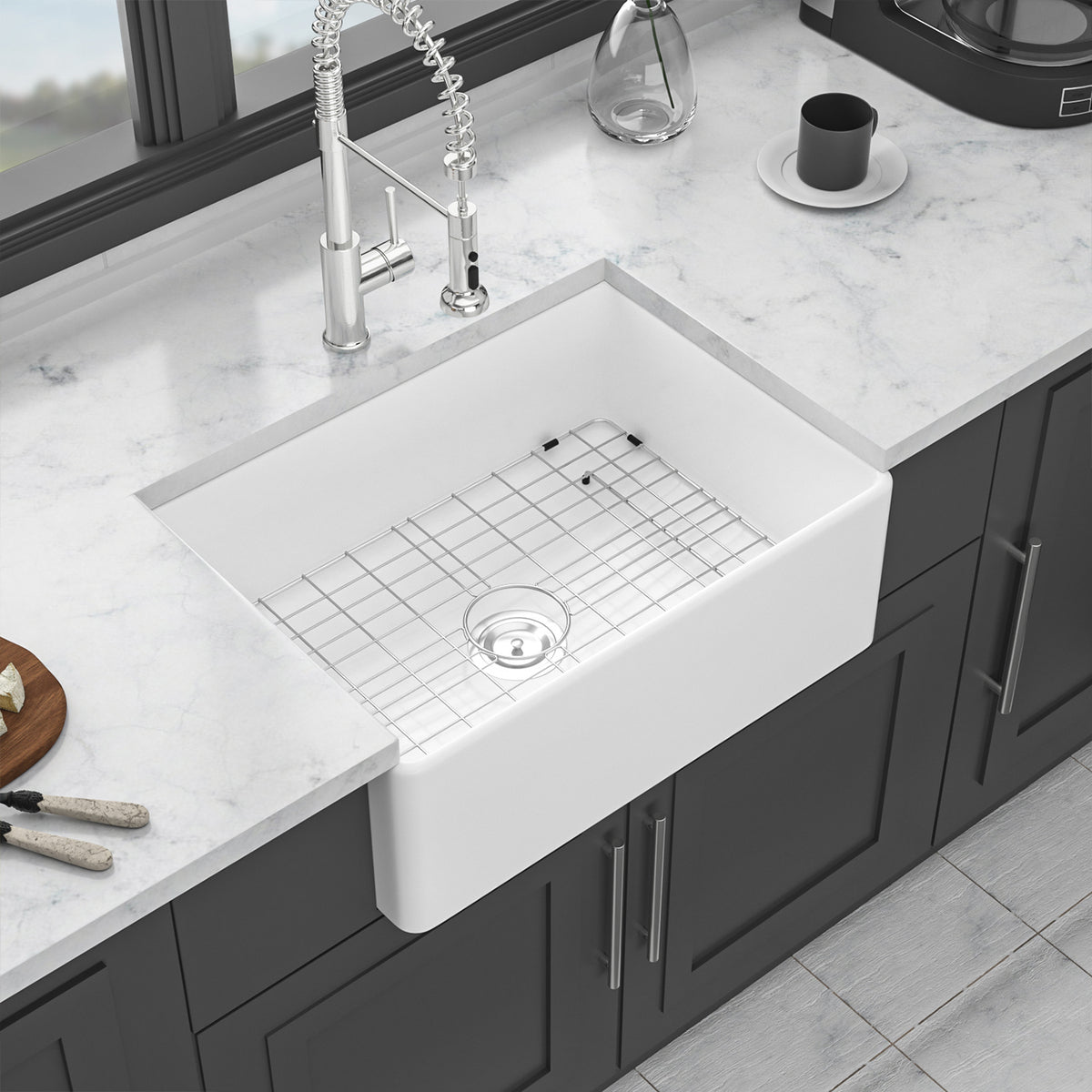 White Porcelain Ceramic Farmhouse Kitchen Sink, 10 in. Deep Single Bowl Apron Front Sink with 304 Stainless Steel Grid & Basket Strainer