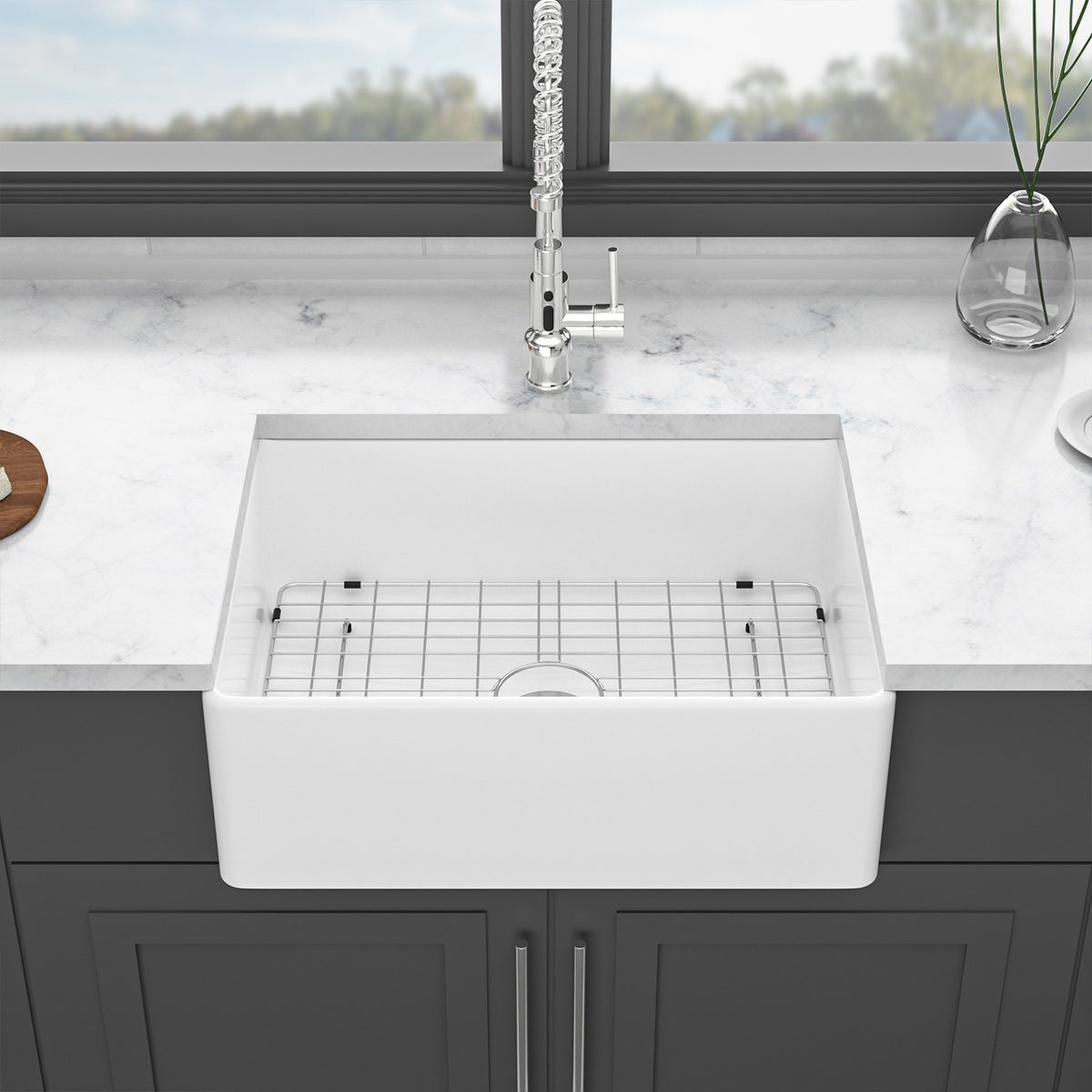 White Porcelain Ceramic Farmhouse Kitchen Sink, 10 in. Deep Single Bowl Apron Front Sink with 304 Stainless Steel Grid & Basket Strainer