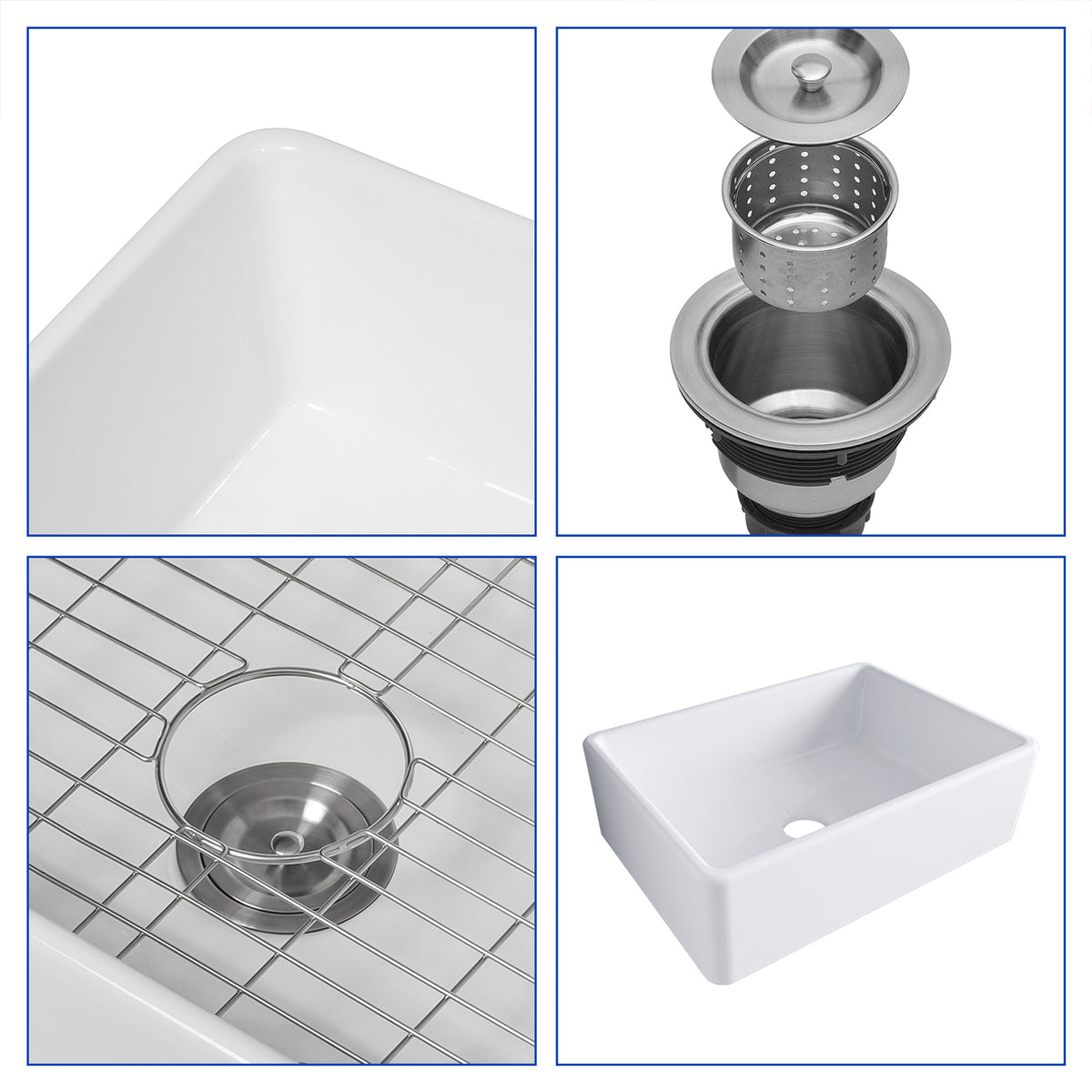 White Porcelain Ceramic Farmhouse Kitchen Sink, 10 in. Deep Single Bowl Apron Front Sink with 304 Stainless Steel Grid & Basket Strainer