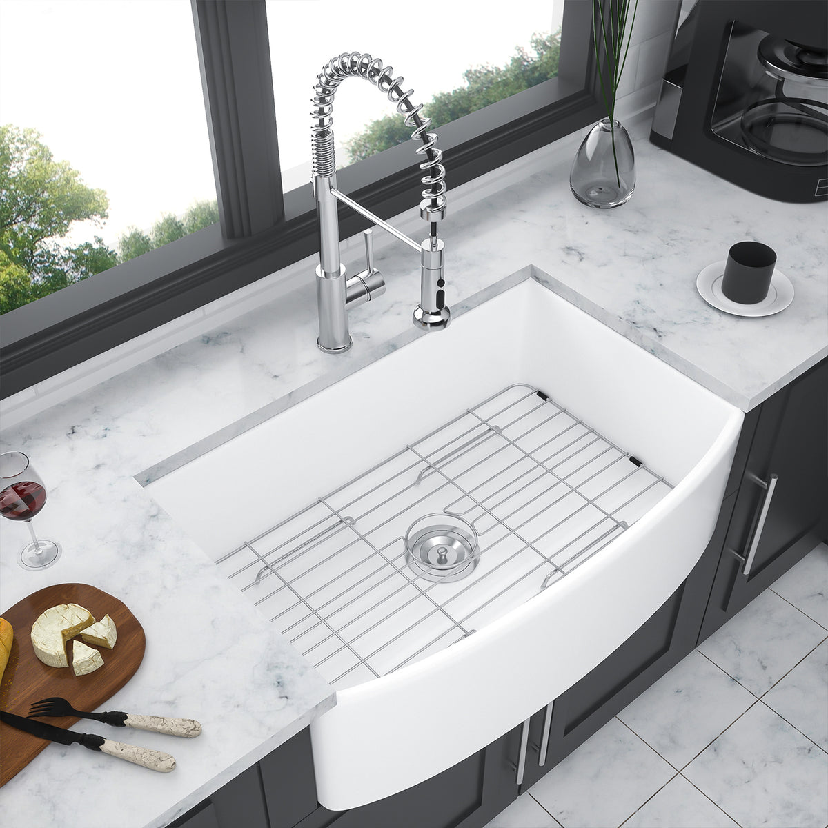 White Porcelain Ceramic Farmhouse Kitchen Sink, 10 in. Deep Single Bowl Apron Front Sink with 304 Stainless Steel Grid & Basket Strainer