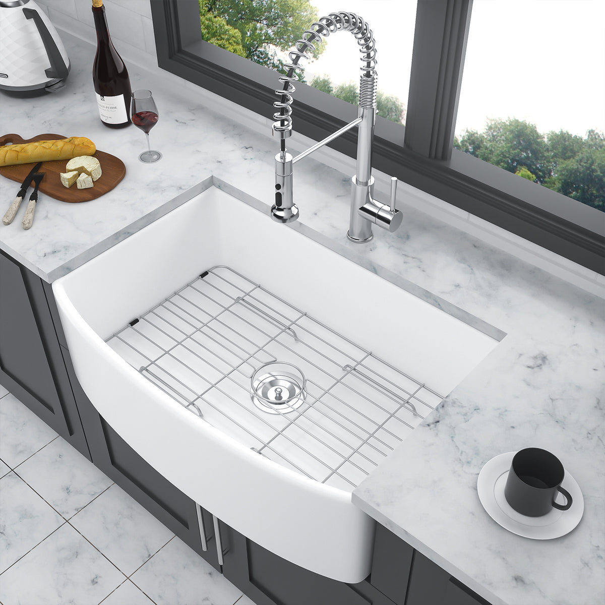 White Porcelain Ceramic Farmhouse Kitchen Sink, 10 in. Deep Single Bowl Apron Front Sink with 304 Stainless Steel Grid & Basket Strainer