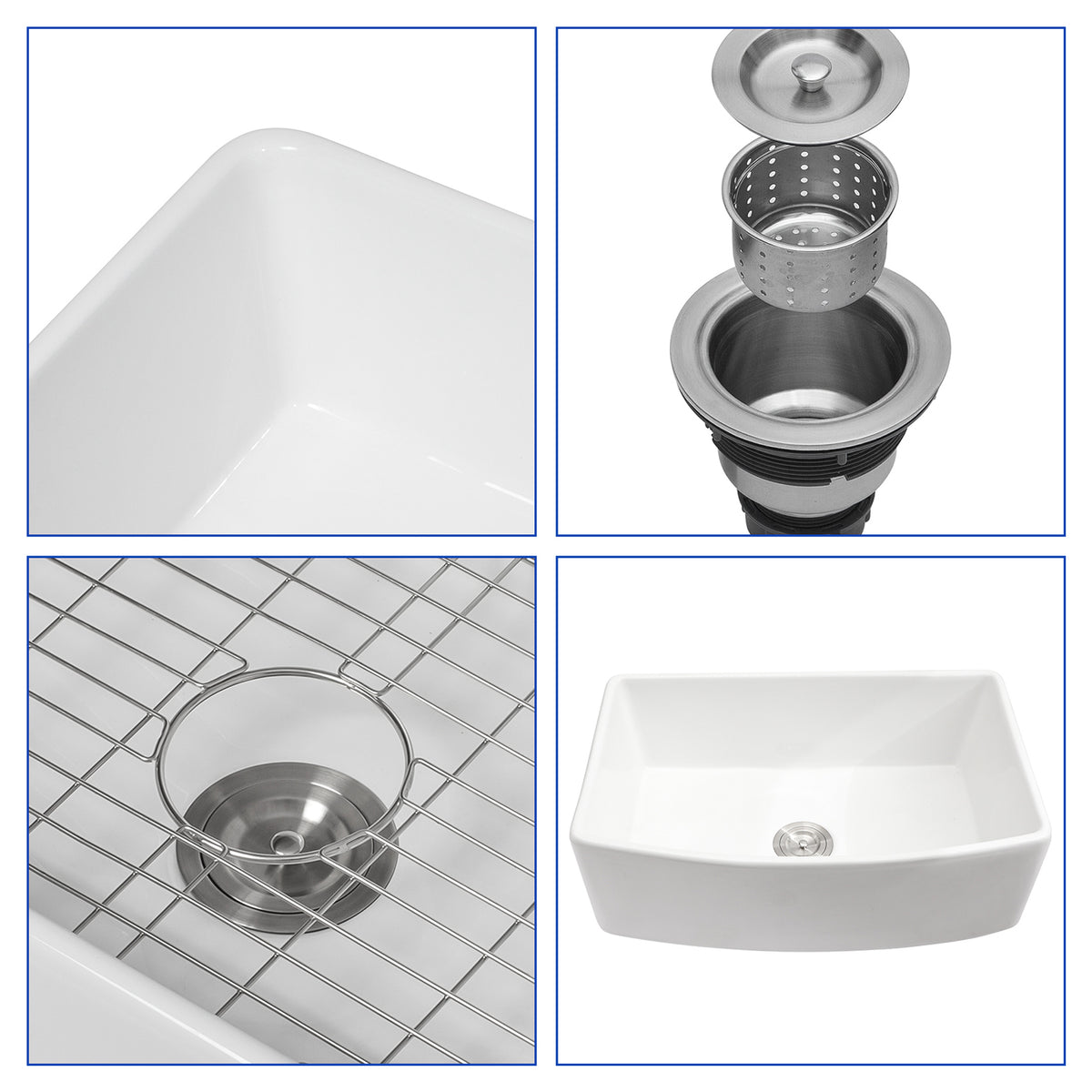 White Porcelain Ceramic Farmhouse Kitchen Sink, 10 in. Deep Single Bowl Apron Front Sink with 304 Stainless Steel Grid & Basket Strainer