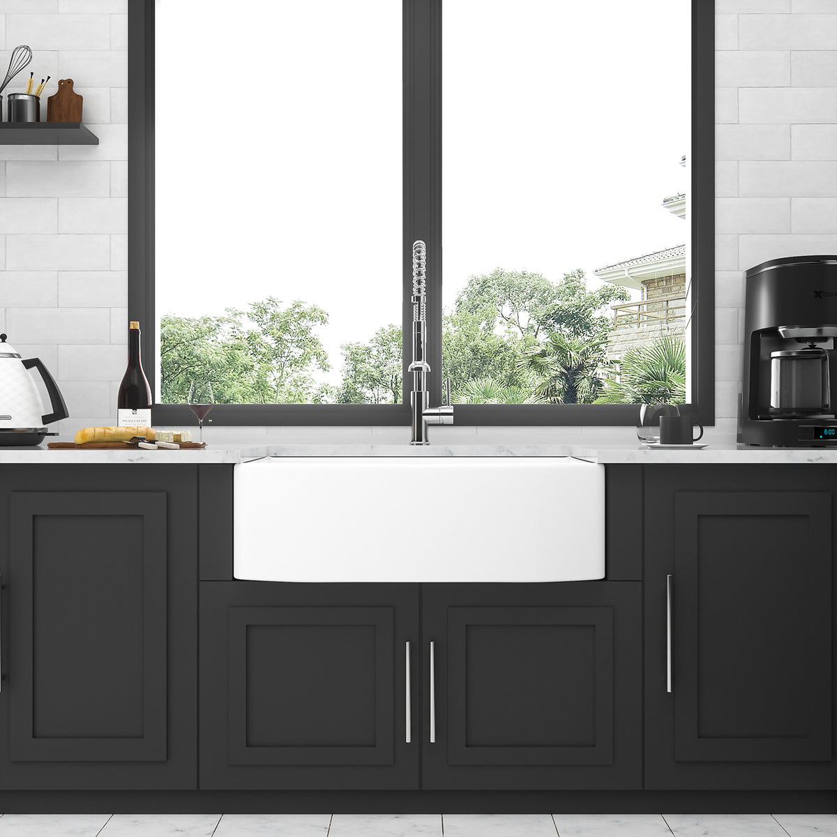 White Porcelain Ceramic Farmhouse Kitchen Sink, 10 in. Deep Single Bowl Apron Front Sink with 304 Stainless Steel Grid & Basket Strainer