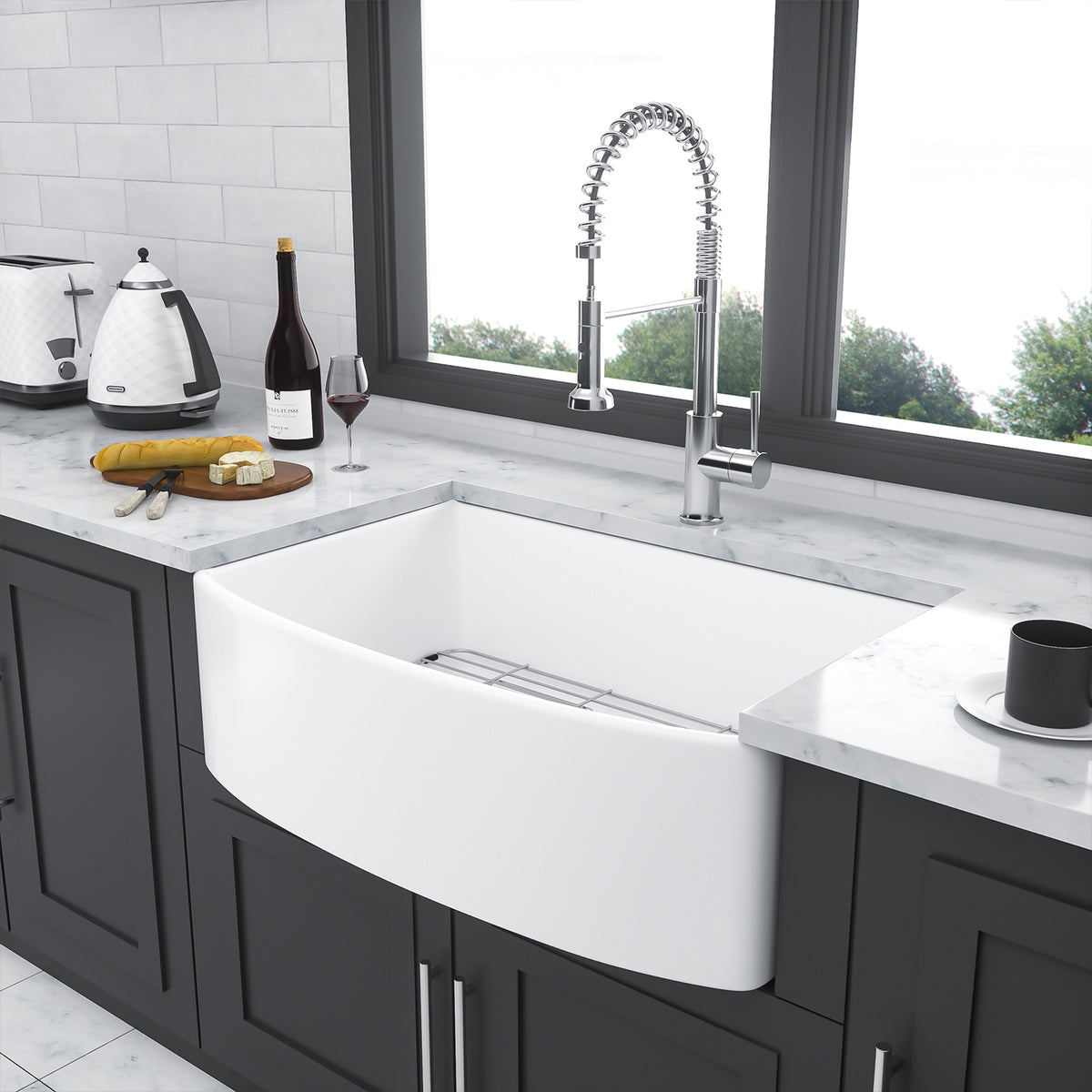 White Porcelain Ceramic Farmhouse Kitchen Sink, 10 in. Deep Single Bowl Apron Front Sink with 304 Stainless Steel Grid & Basket Strainer