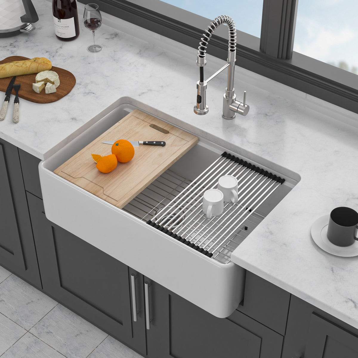 White Porcelain Ceramic Workstation Farmhouse Kitchen Sink, 10 in. Deep Single Bowl Apron Front Sink with Cutting Board & Accessories