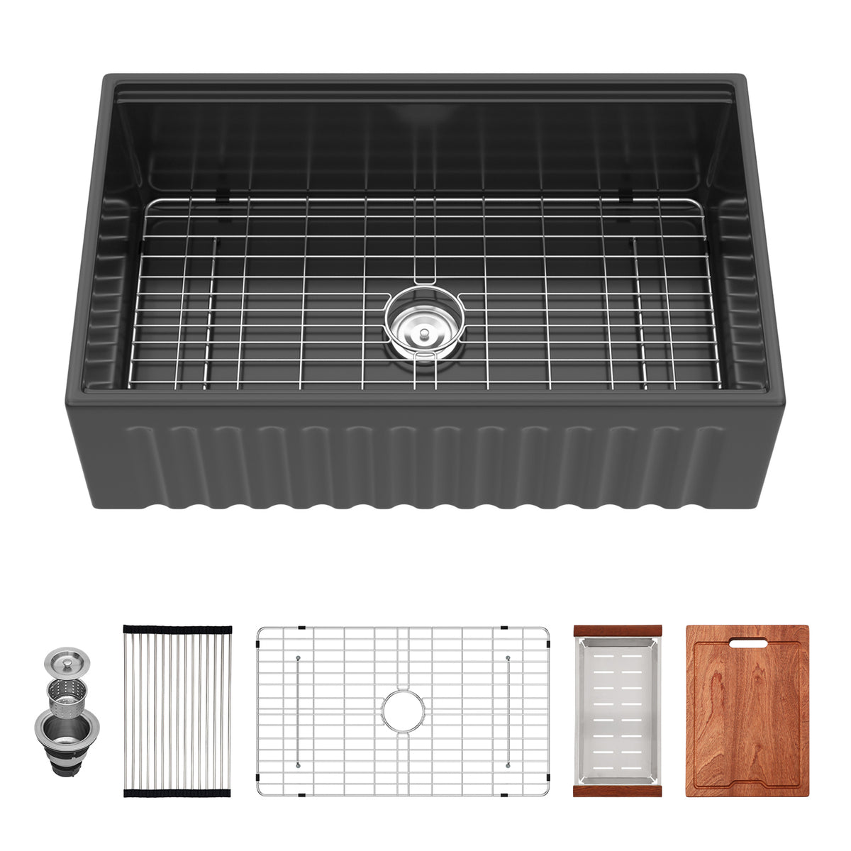 33 in. x 20 in. Porcelain Ceramic Reversible Workstation Farmhouse Kitchen Sink, 10 in. Deep Single Bowl Apron Front Sink with Cutting Board & Accessories